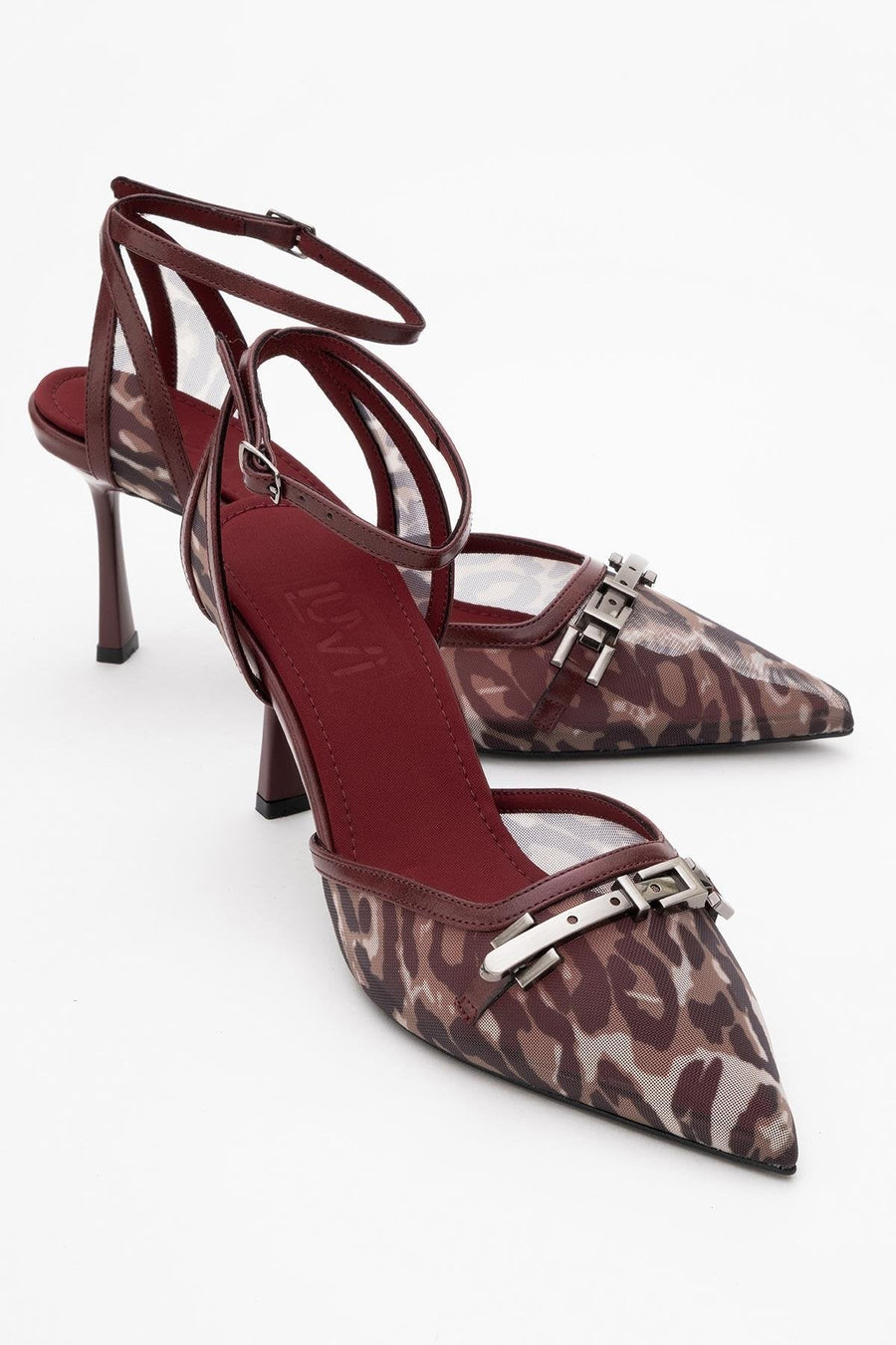 Giorno - Burgundy Patterned Mesh Ankle-Strap Stiletto
