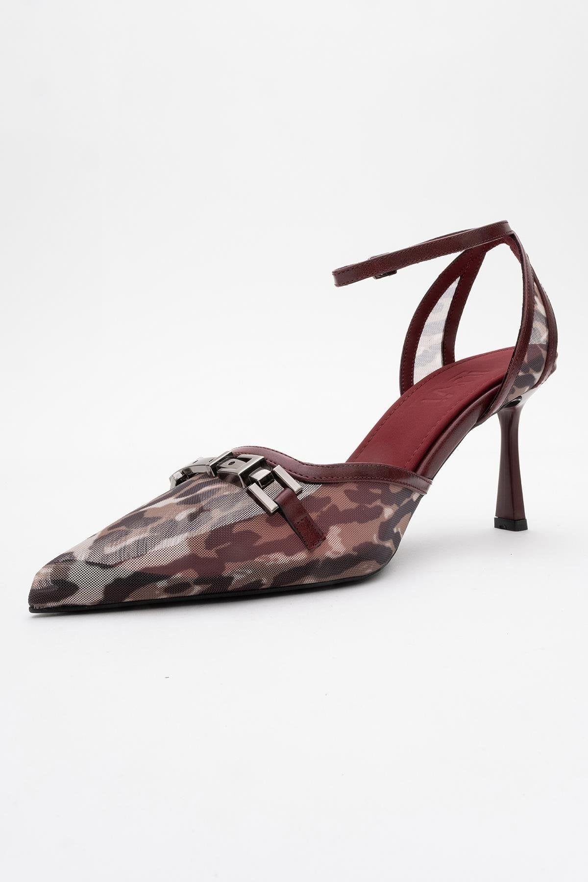 Giorno - Burgundy Patterned Mesh Ankle-Strap Stiletto – heel view showing leather, mesh, SimmiUnique