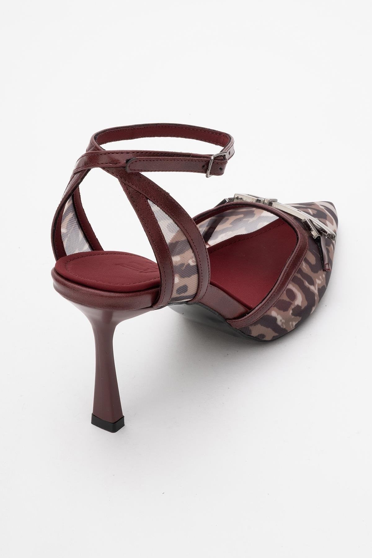 Giorno - Burgundy Patterned Mesh Ankle-Strap Stiletto – back view showing leather, mesh, SimmiUnique