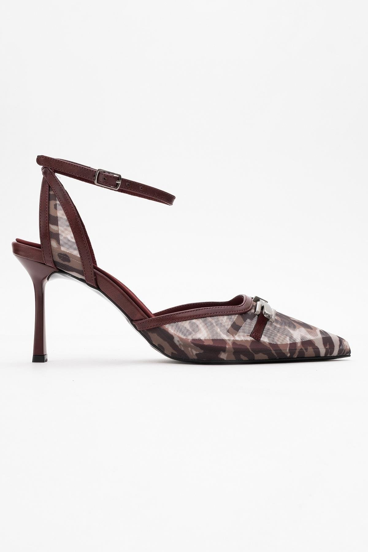 Giorno - Burgundy Patterned Mesh Ankle-Strap Stiletto – top view showing leather, mesh, SimmiUnique