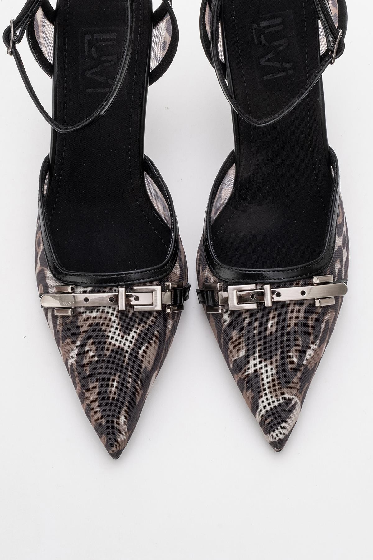 Giorno - Black Patterned Mesh Ankle-Strap Stiletto – side view showing leather, mesh, black, SimmiUnique
