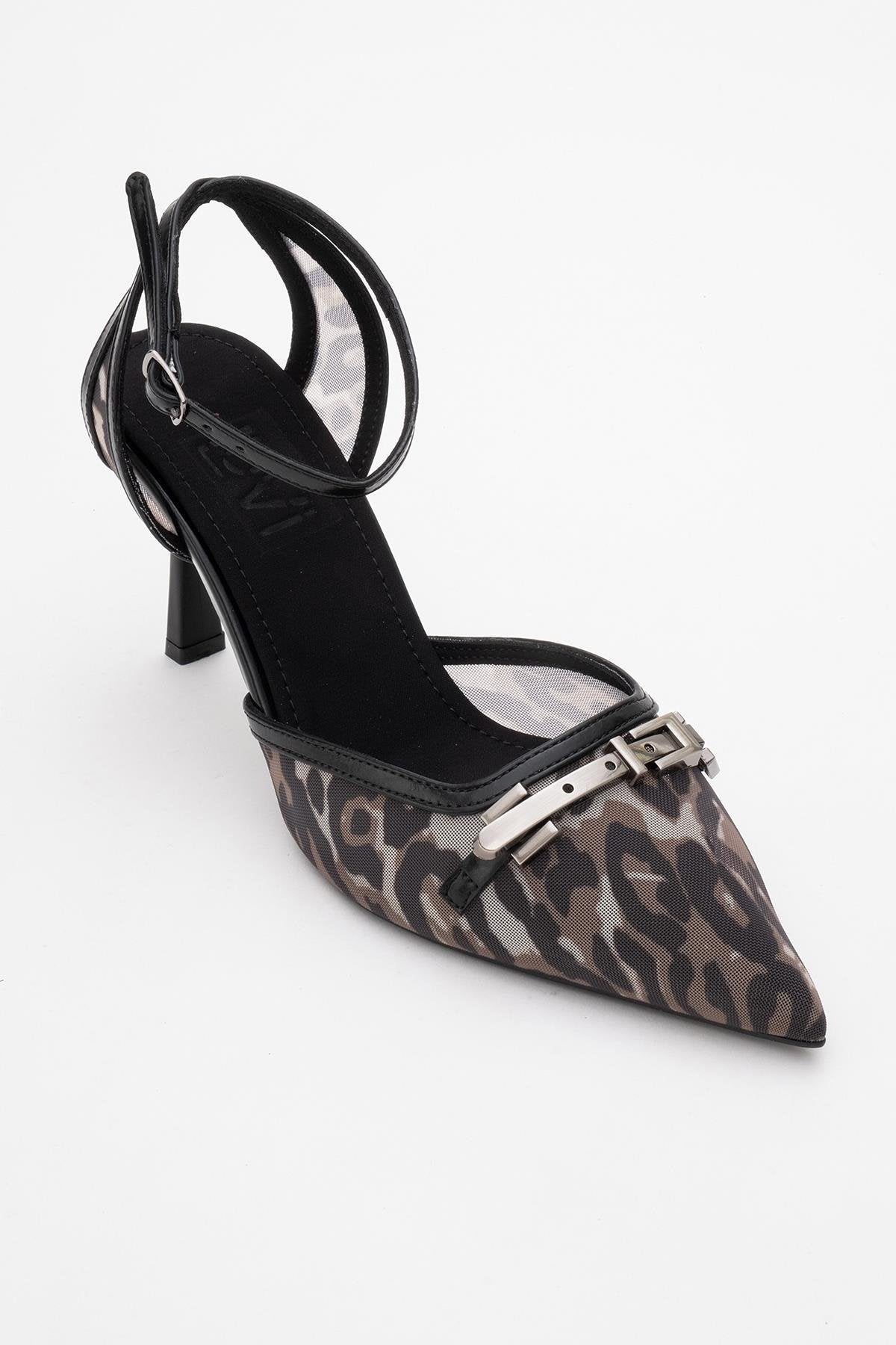 Giorno - Black Patterned Mesh Ankle-Strap Stiletto – detail view showing leather, mesh, black, SimmiUnique