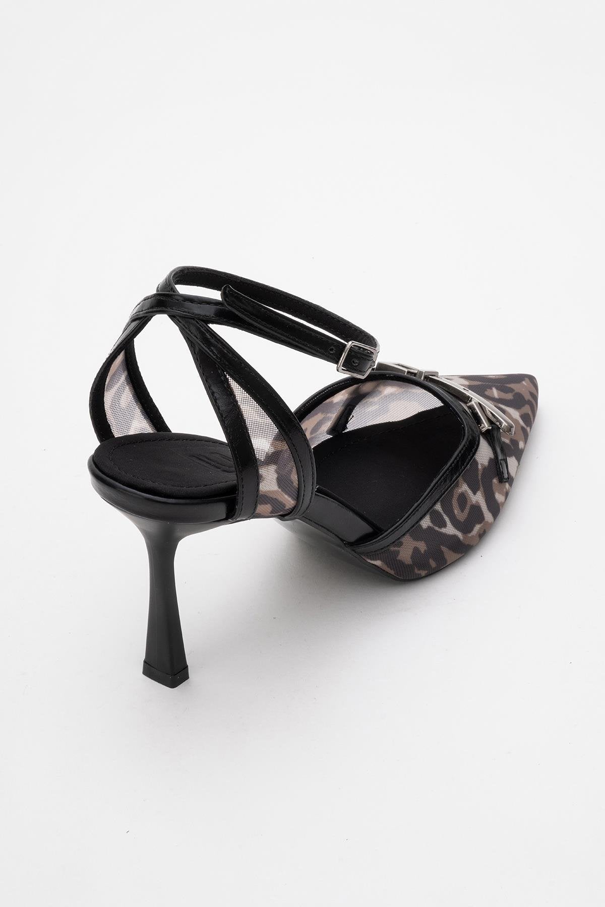 Giorno - Black Patterned Mesh Ankle-Strap Stiletto – back view showing leather, mesh, black, SimmiUnique