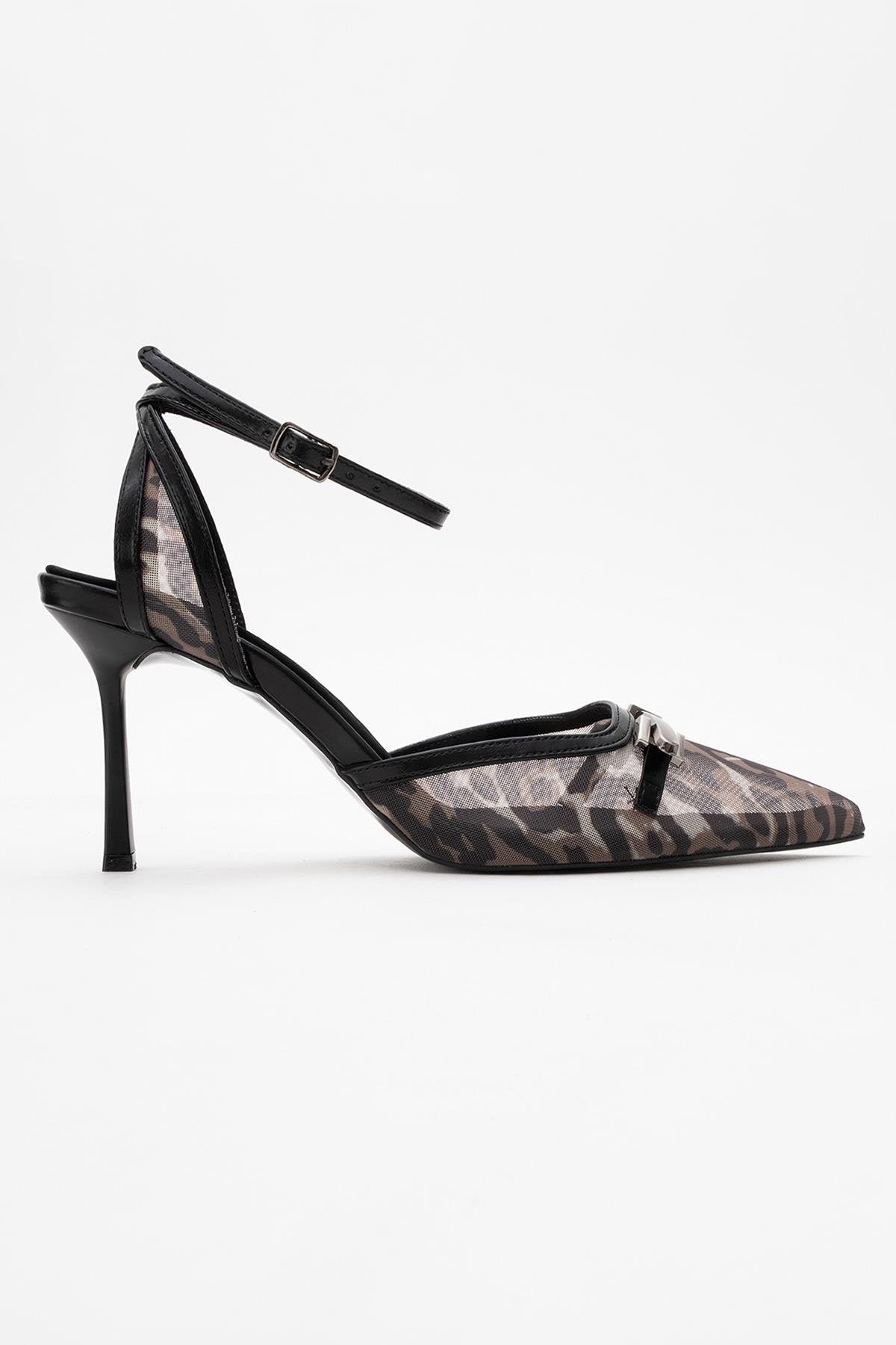 Giorno - Black Patterned Mesh Ankle-Strap Stiletto – top view showing leather, mesh, black, SimmiUnique