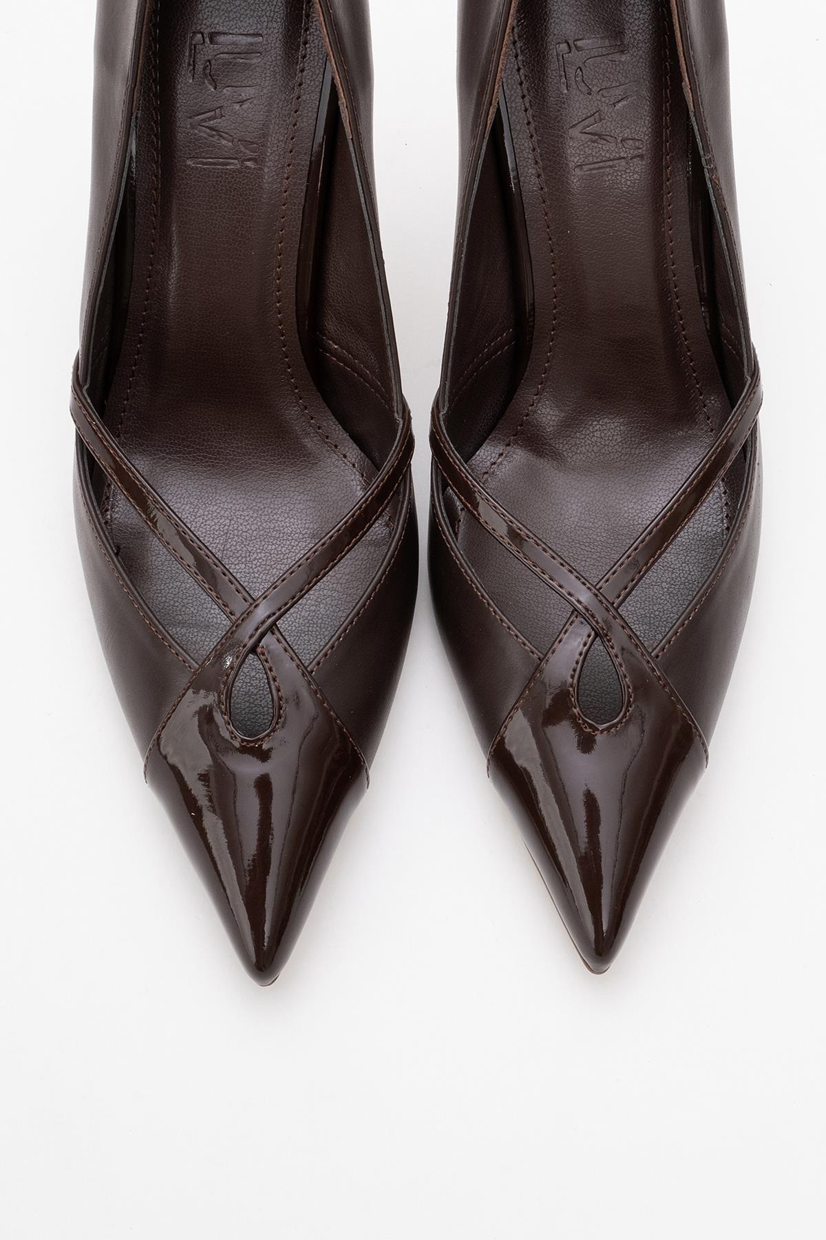 Ruby - Brown Patent Detail High Heel Shoe – side view showing leather, SimmiUnique