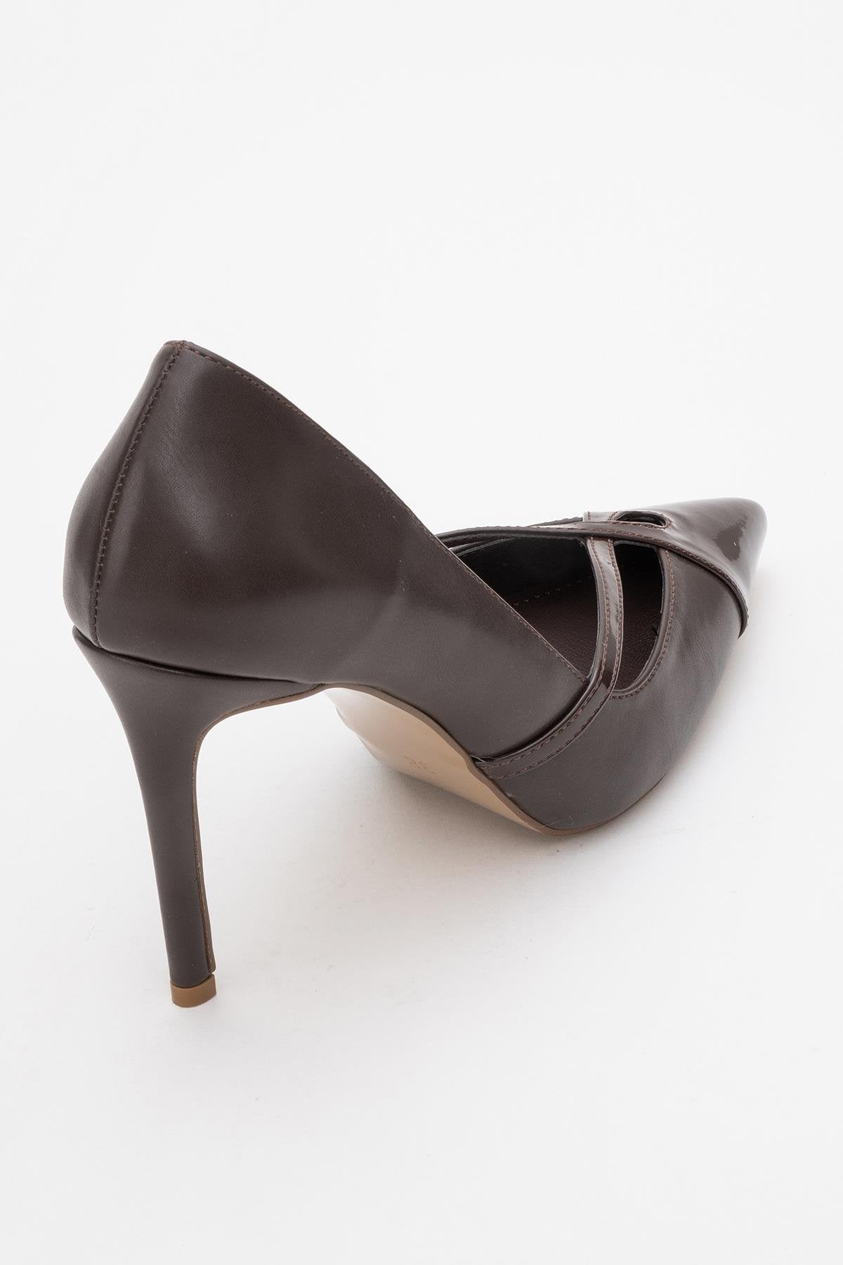 Ruby - Brown Patent Detail High Heel Shoe – back view showing leather, SimmiUnique