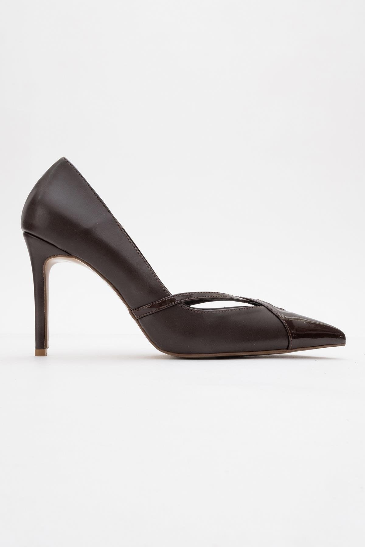 Ruby - Brown Patent Detail High Heel Shoe – top view showing leather, SimmiUnique