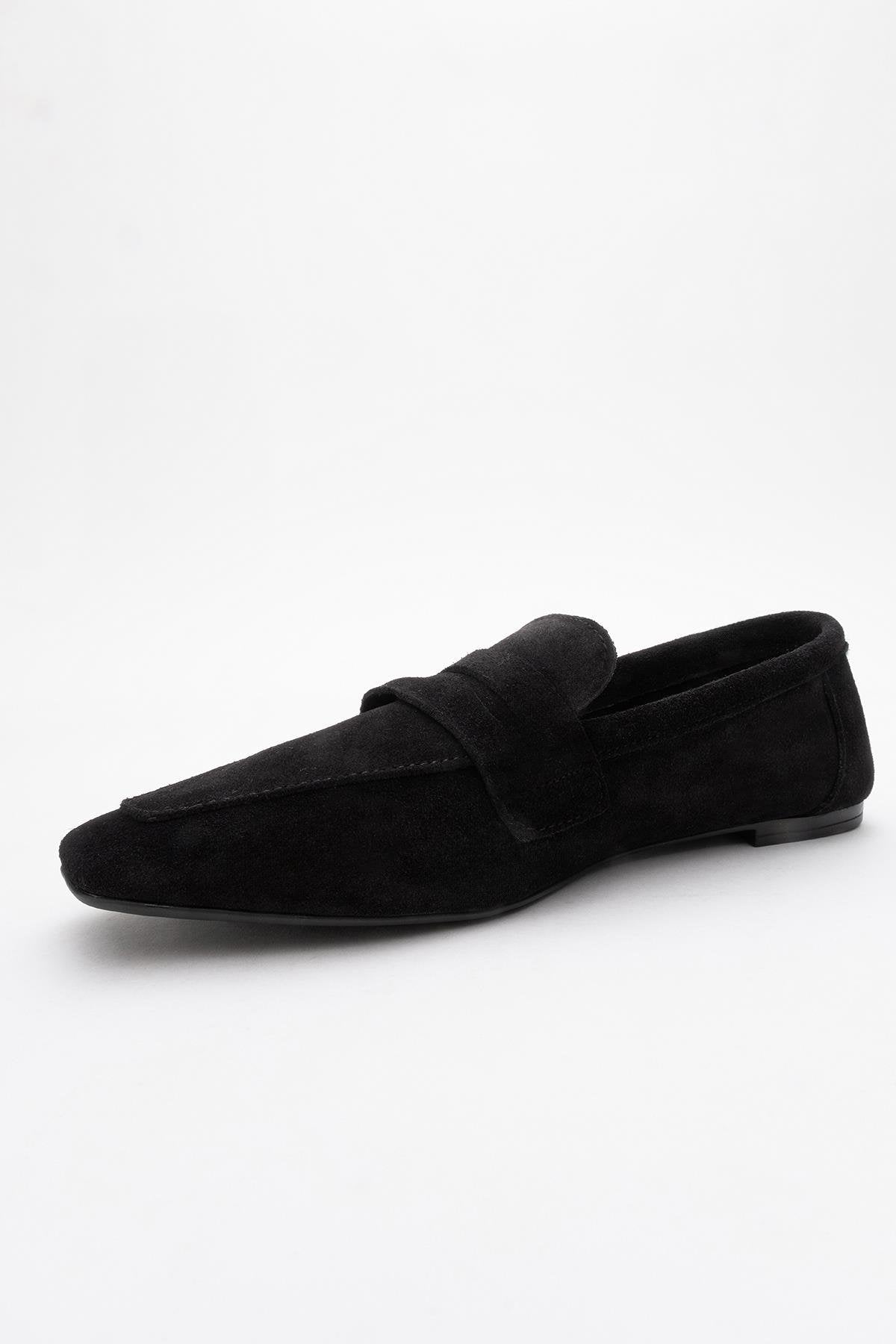 Morne - Black Suede Leather Loafers – heel view showing leather, suede, black, SimmiUnique