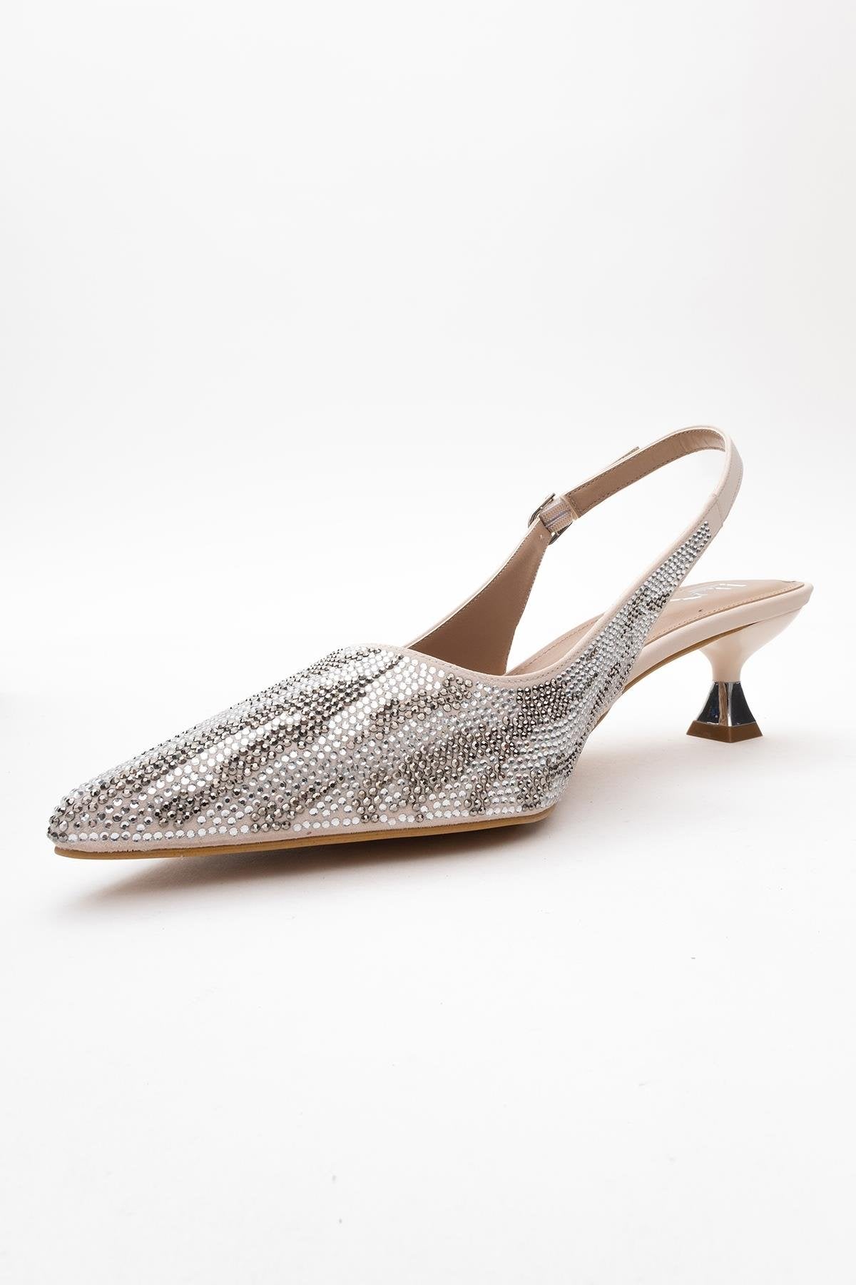Ushes - Beige Short Heel Dress Shoe – heel view showing satin, leather, SimmiUnique
