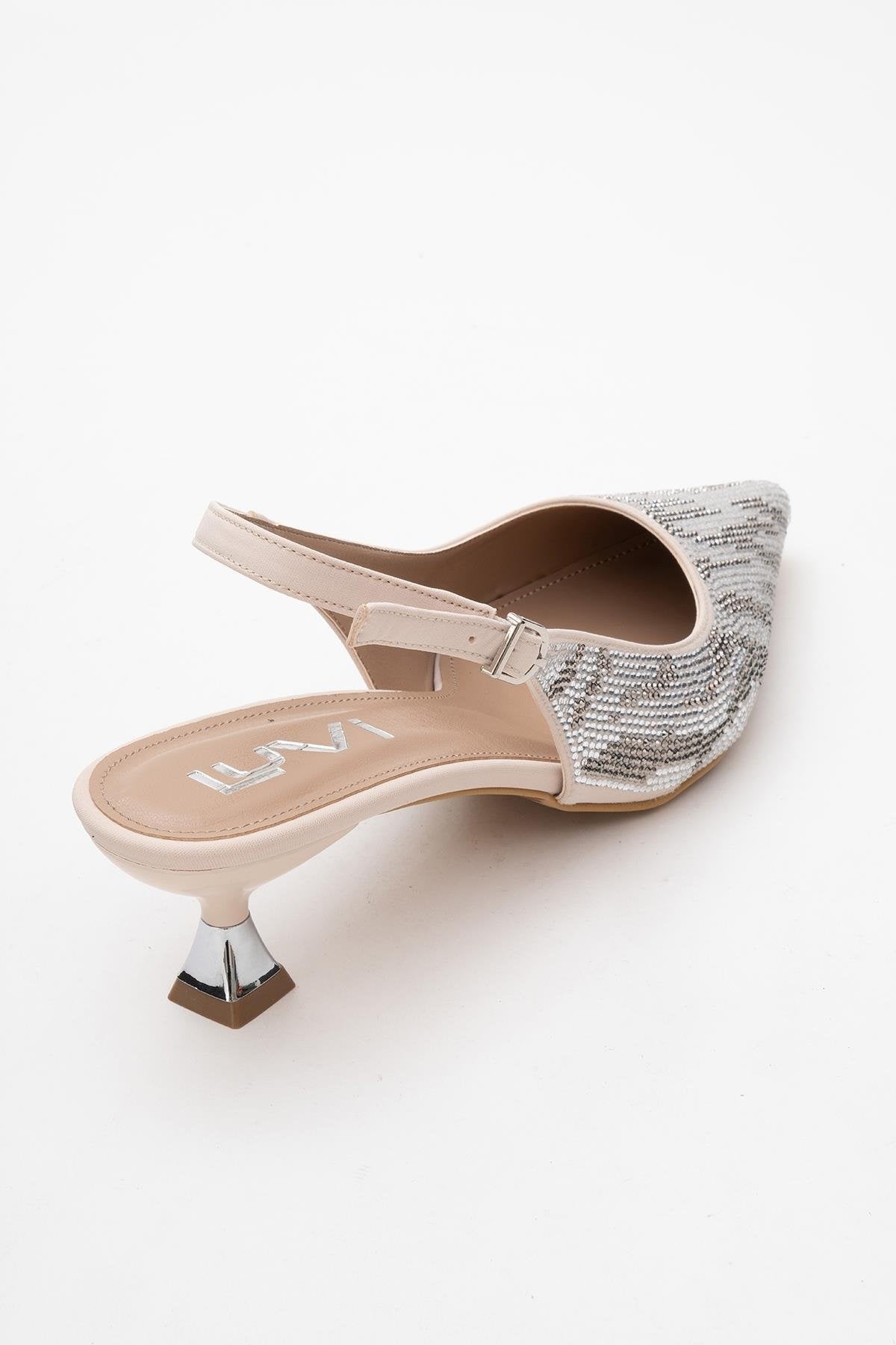 Ushes - Beige Short Heel Dress Shoe – back view showing satin, leather, SimmiUnique