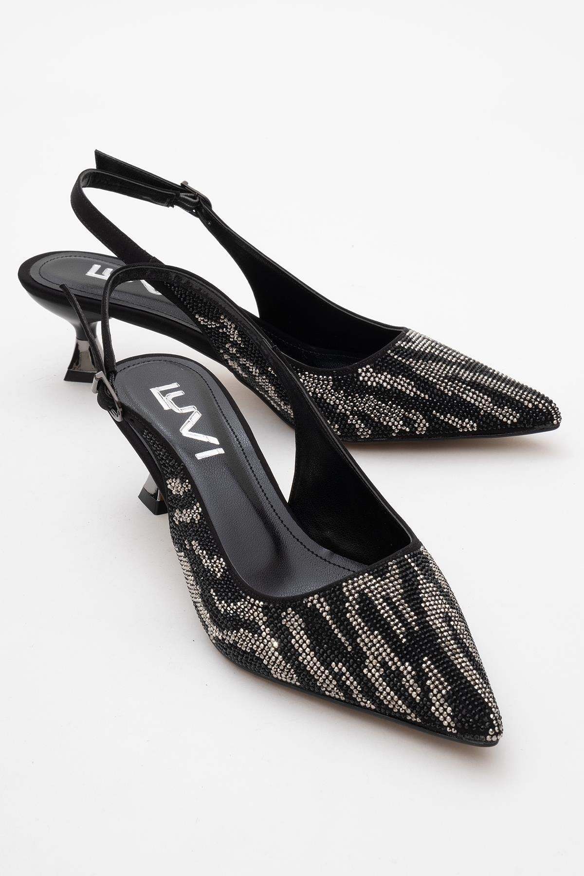 Ushes - Black Short Heel Dress Shoe – front three-quarter view showing satin, leather, black, SimmiUnique