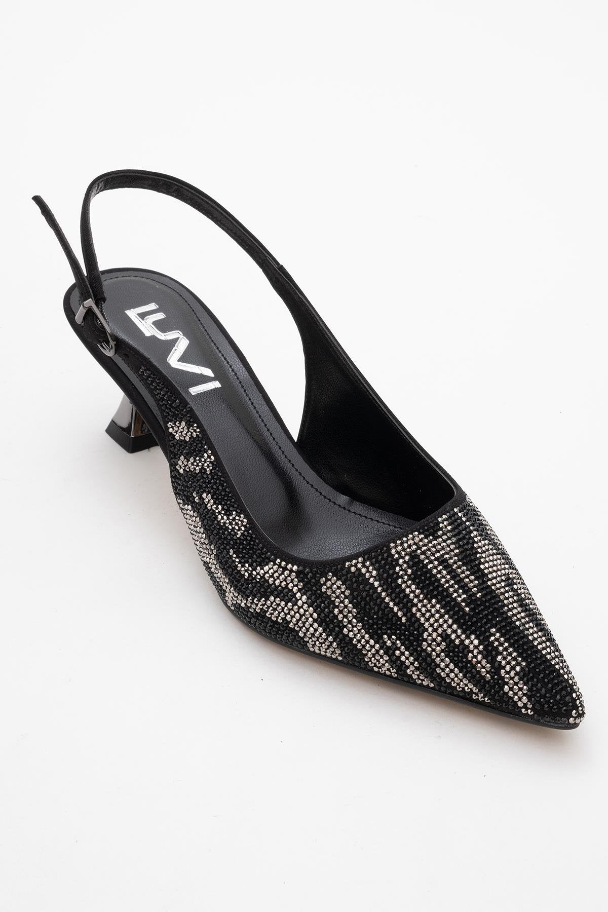 Ushes - Black Short Heel Dress Shoe – detail view showing satin, leather, black, SimmiUnique