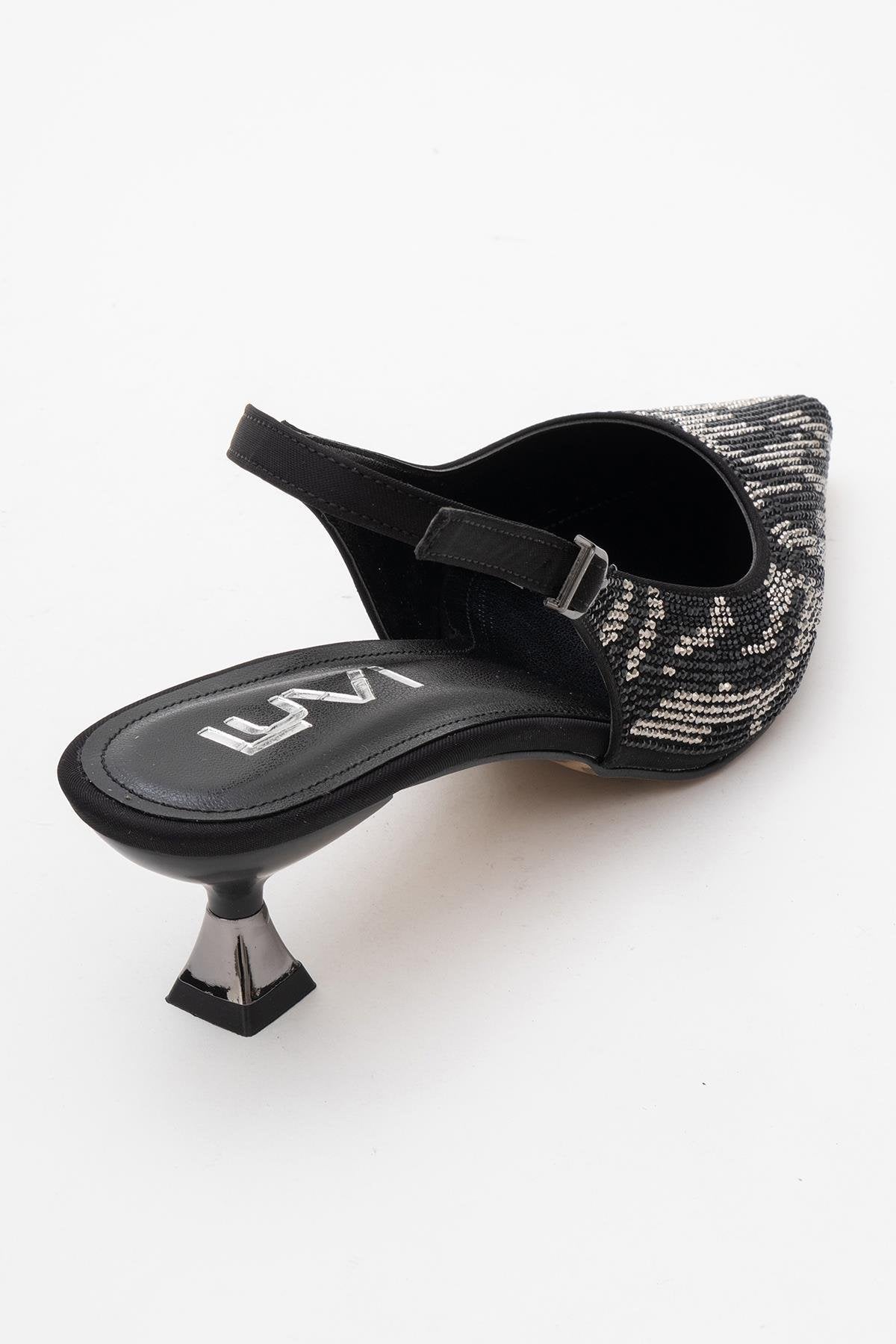 Ushes - Black Short Heel Dress Shoe – back view showing satin, leather, black, SimmiUnique