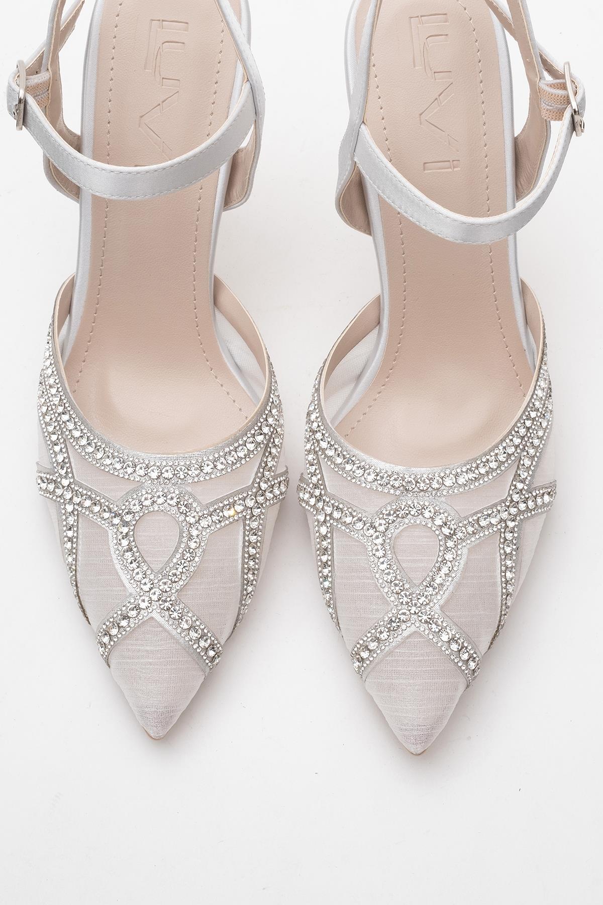Volby - Silver Embellished Evening Shoe – side view showing satin, leather, silver, SimmiUnique