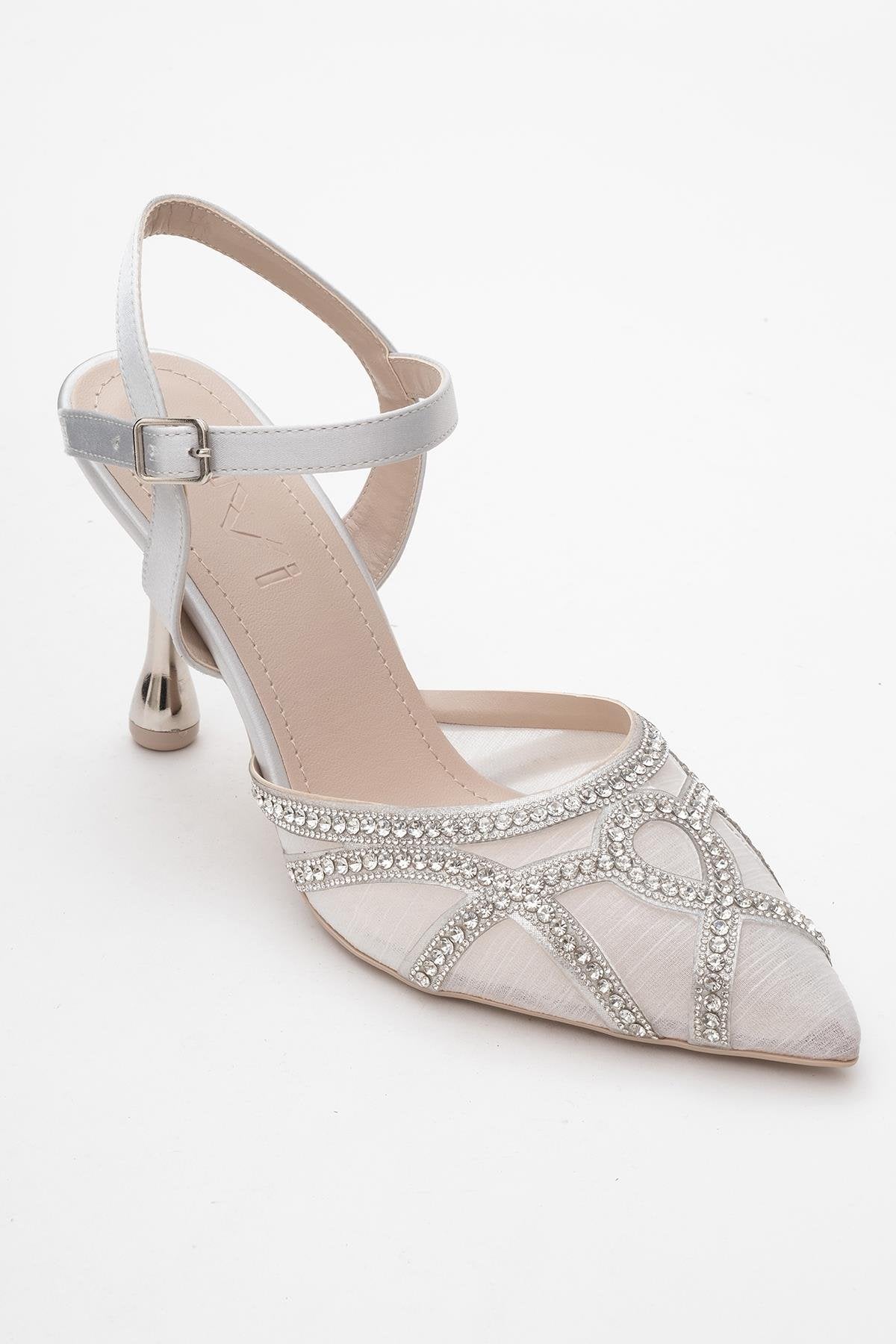 Volby - Silver Embellished Evening Shoe – detail view showing satin, leather, silver, SimmiUnique