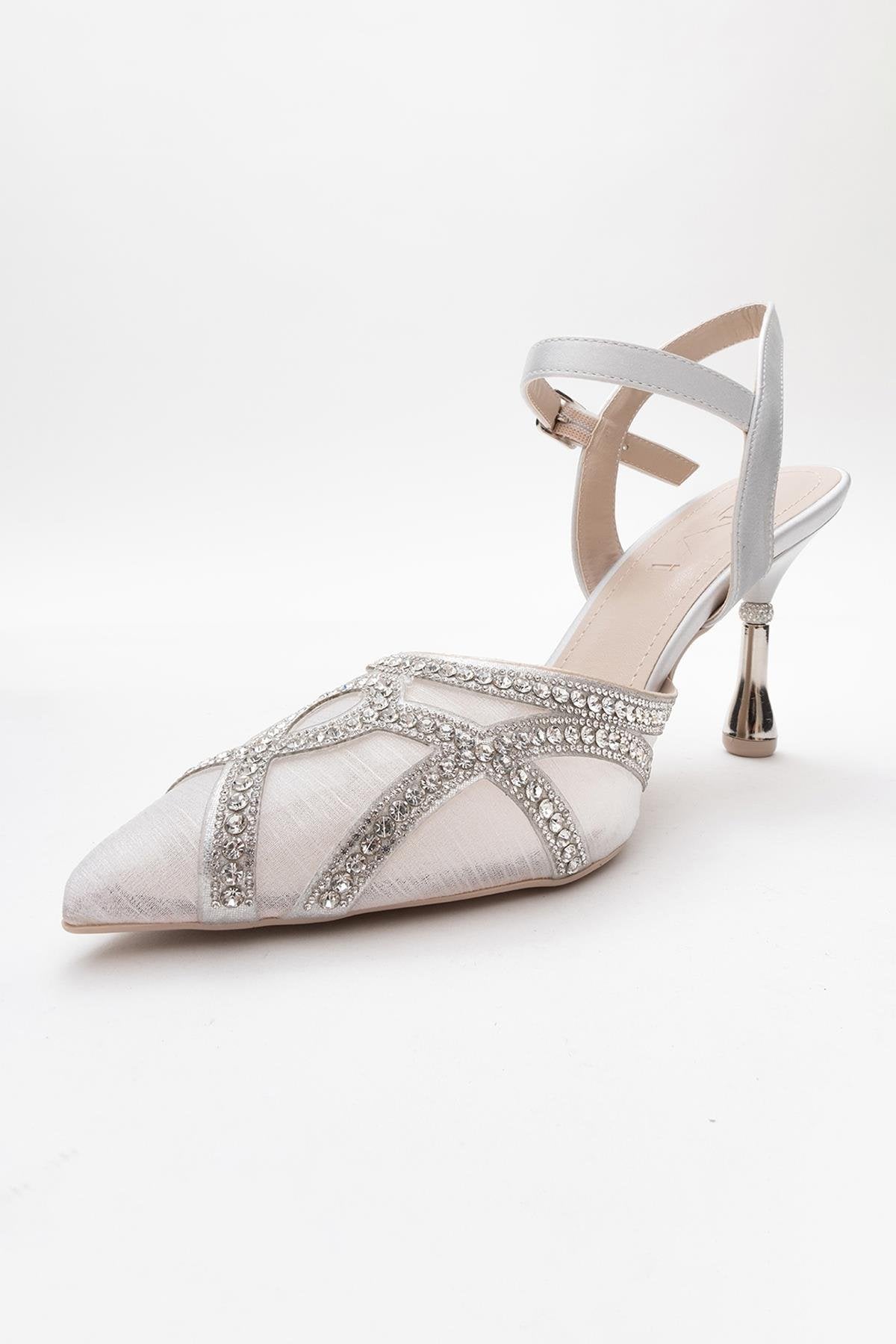 Volby - Silver Embellished Evening Shoe – heel view showing satin, leather, silver, SimmiUnique