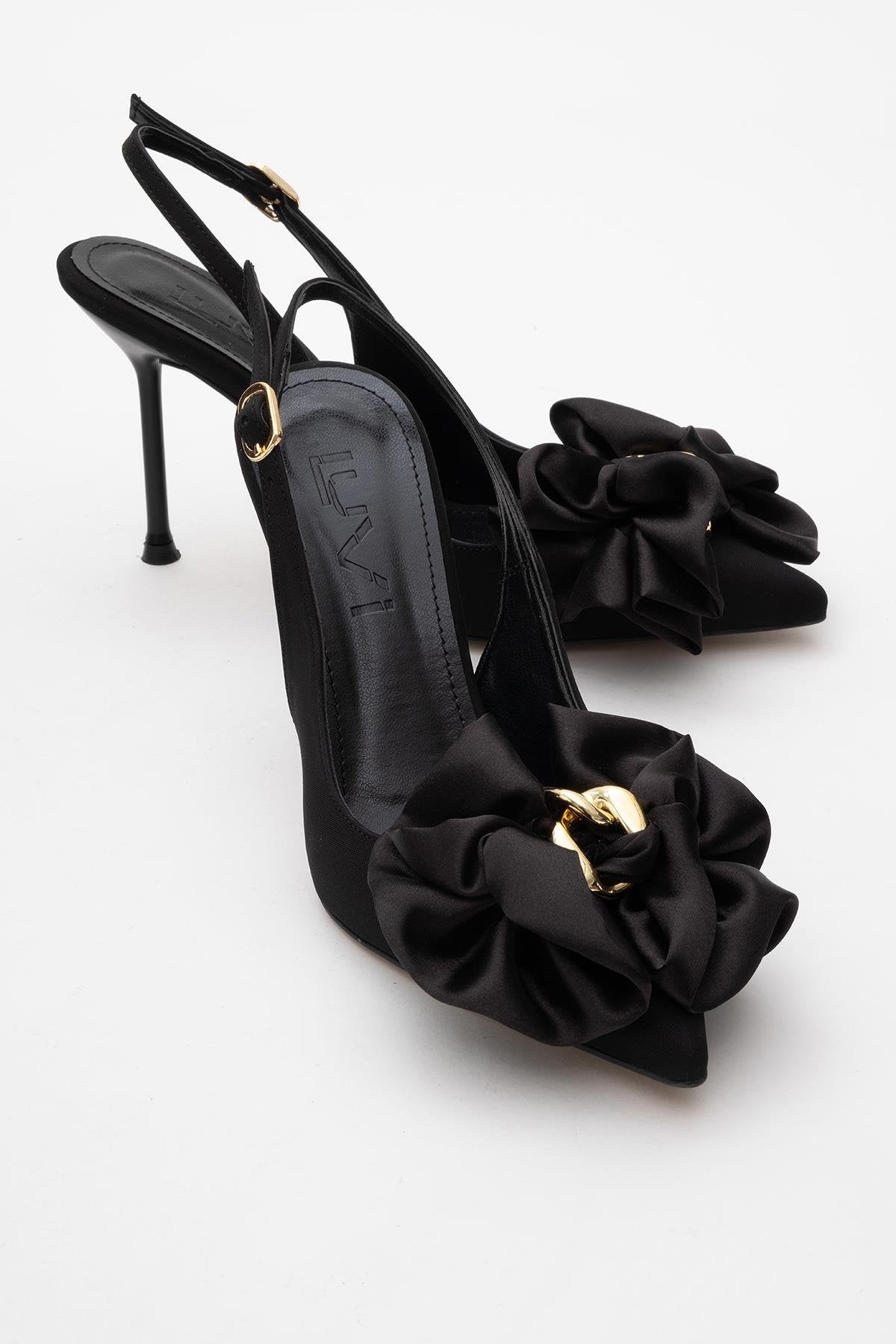 Noria - Black Floral Slim Heel Pump – front three-quarter view showing leather, black, SimmiUnique