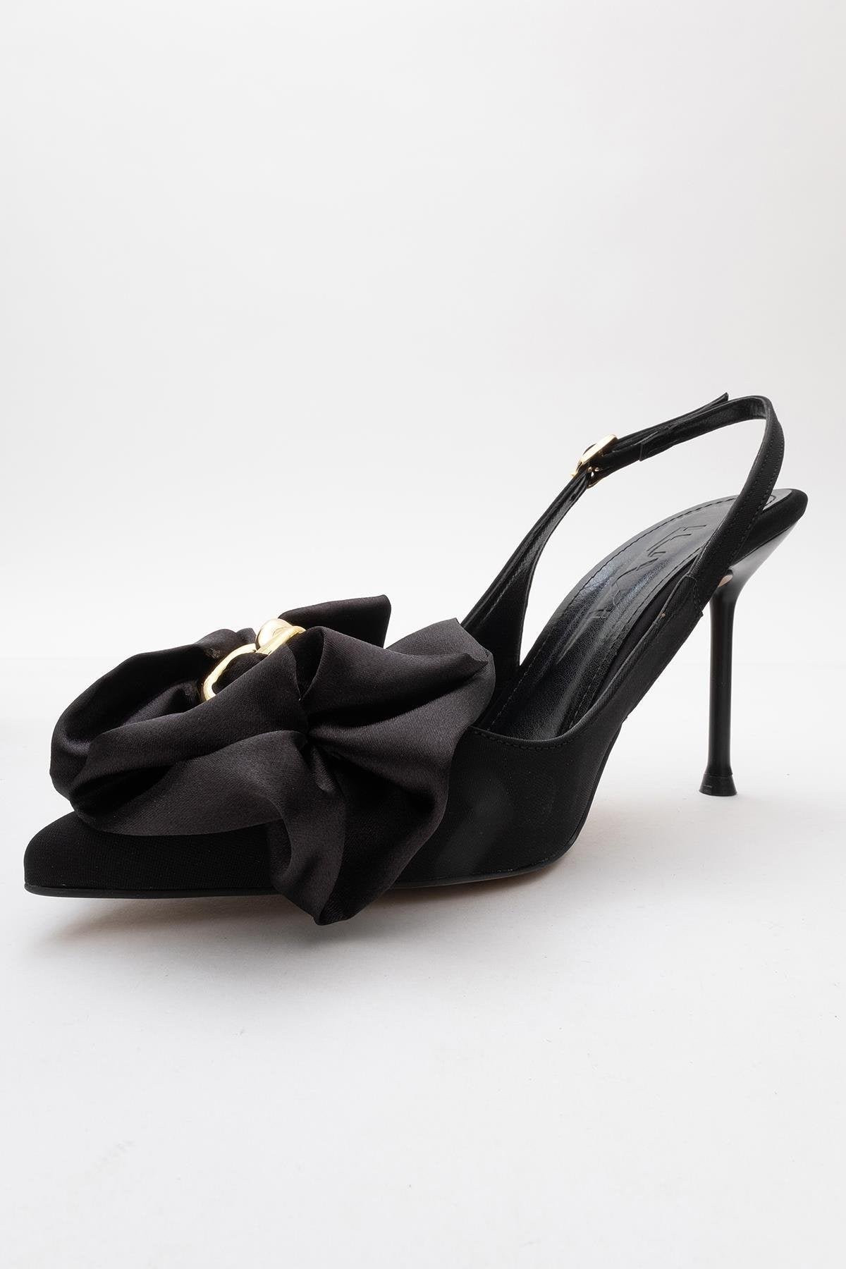 Noria - Black Floral Slim Heel Pump – heel view showing leather, black, SimmiUnique
