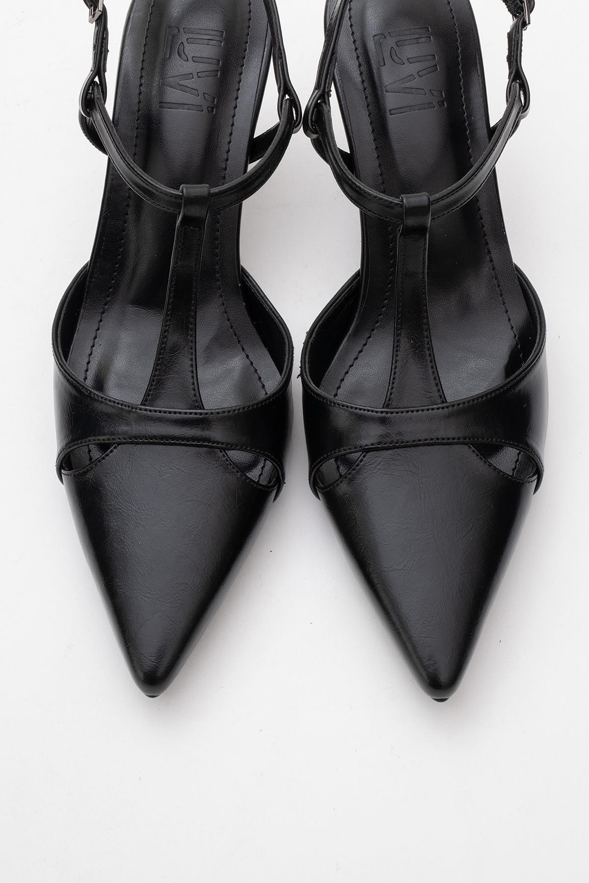 Abelia - Black Slim Heel Pump – side view showing leather, black, SimmiUnique
