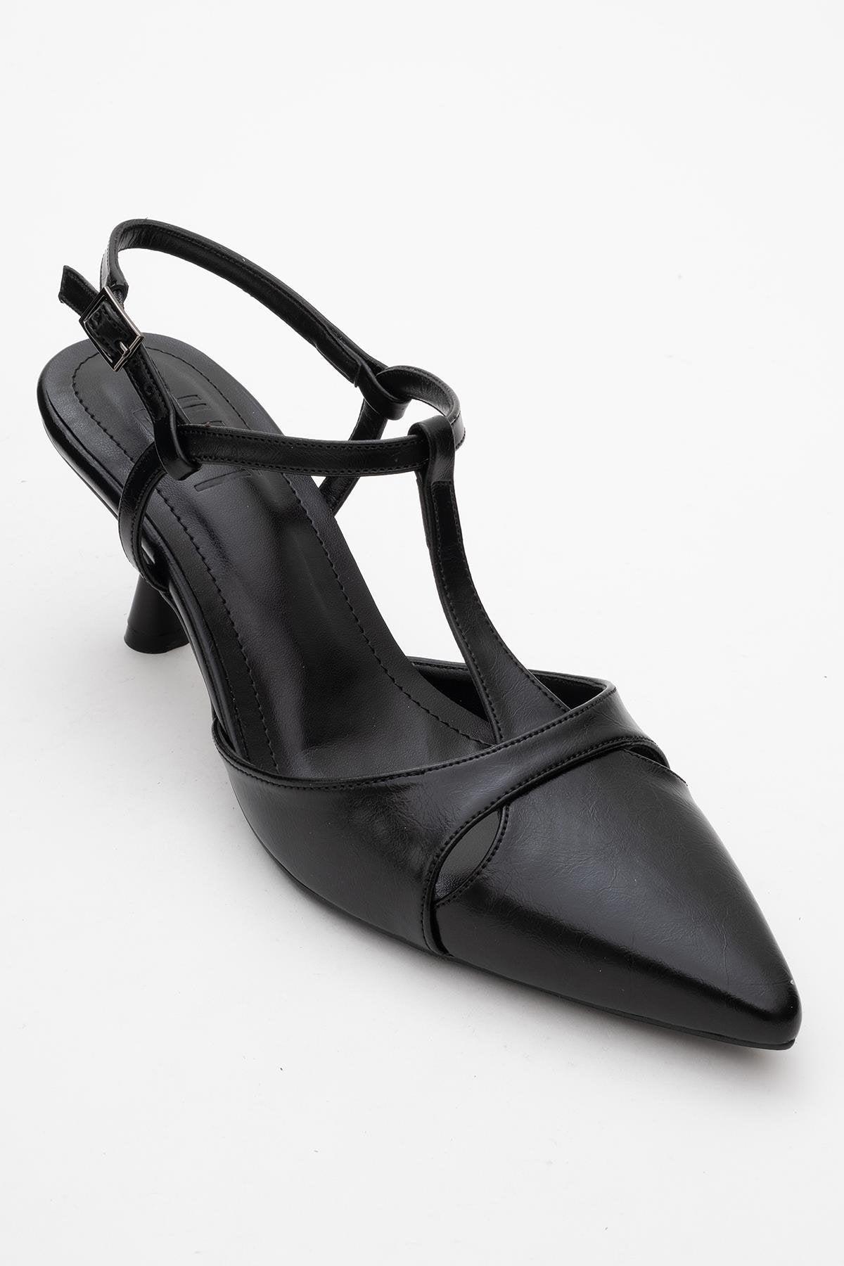 Abelia - Black Slim Heel Pump – detail view showing leather, black, SimmiUnique