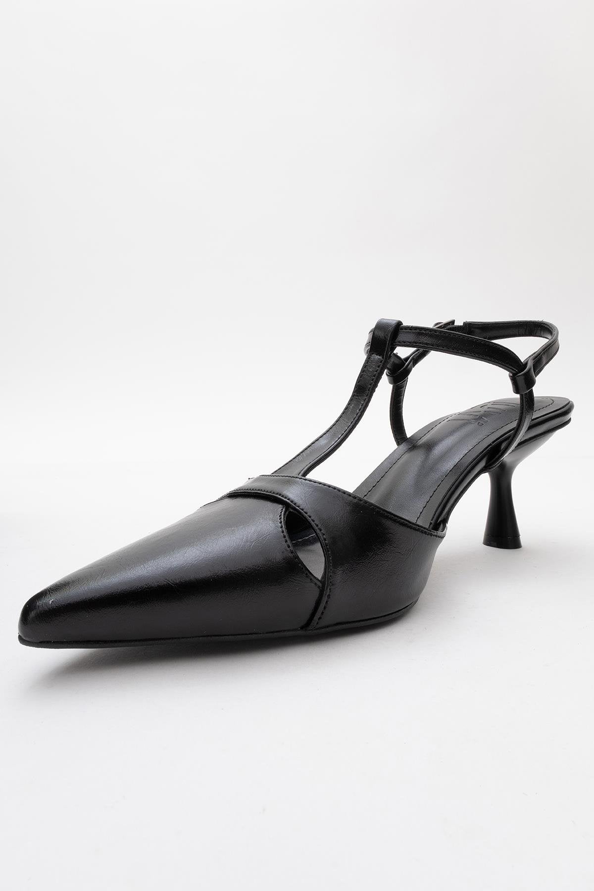 Abelia - Black Slim Heel Pump – heel view showing leather, black, SimmiUnique