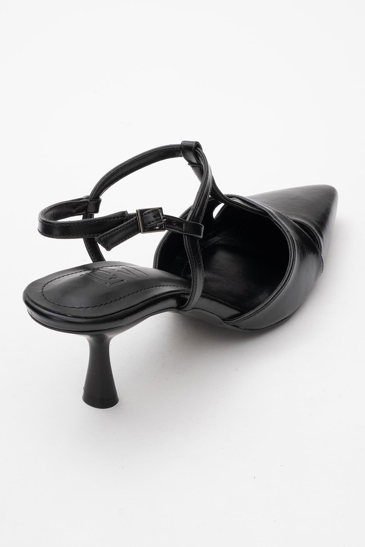 Abelia - Black Slim Heel Pump – back view showing leather, black, SimmiUnique