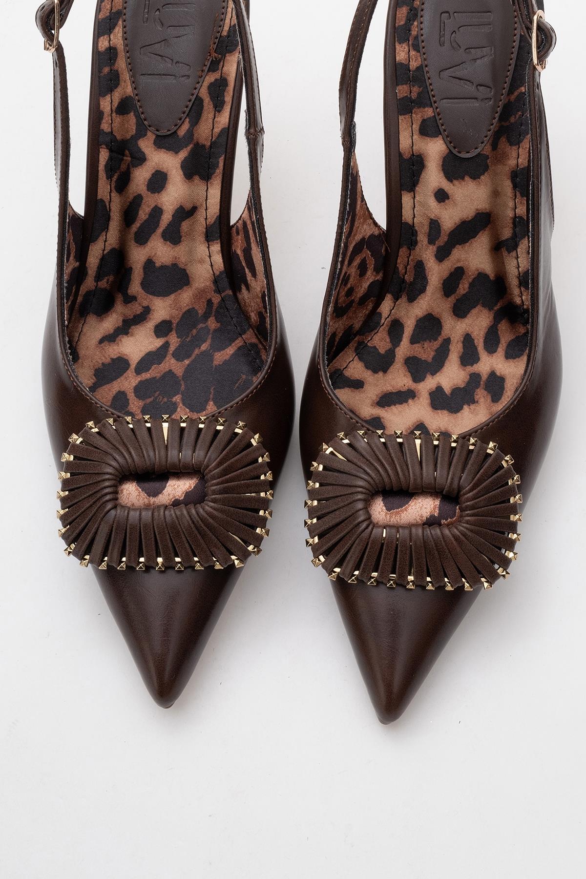 Spera - Brown Patterned Buckle Slingback Stiletto – side view showing leather, SimmiUnique