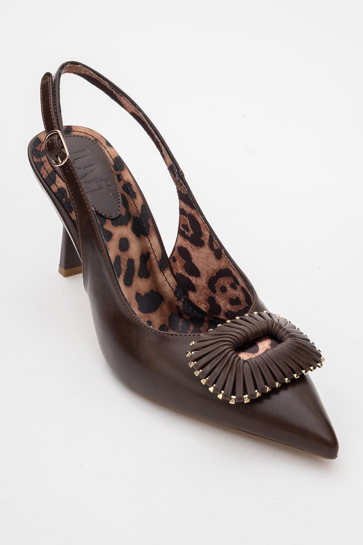 Spera - Brown Patterned Buckle Slingback Stiletto – detail view showing leather, SimmiUnique