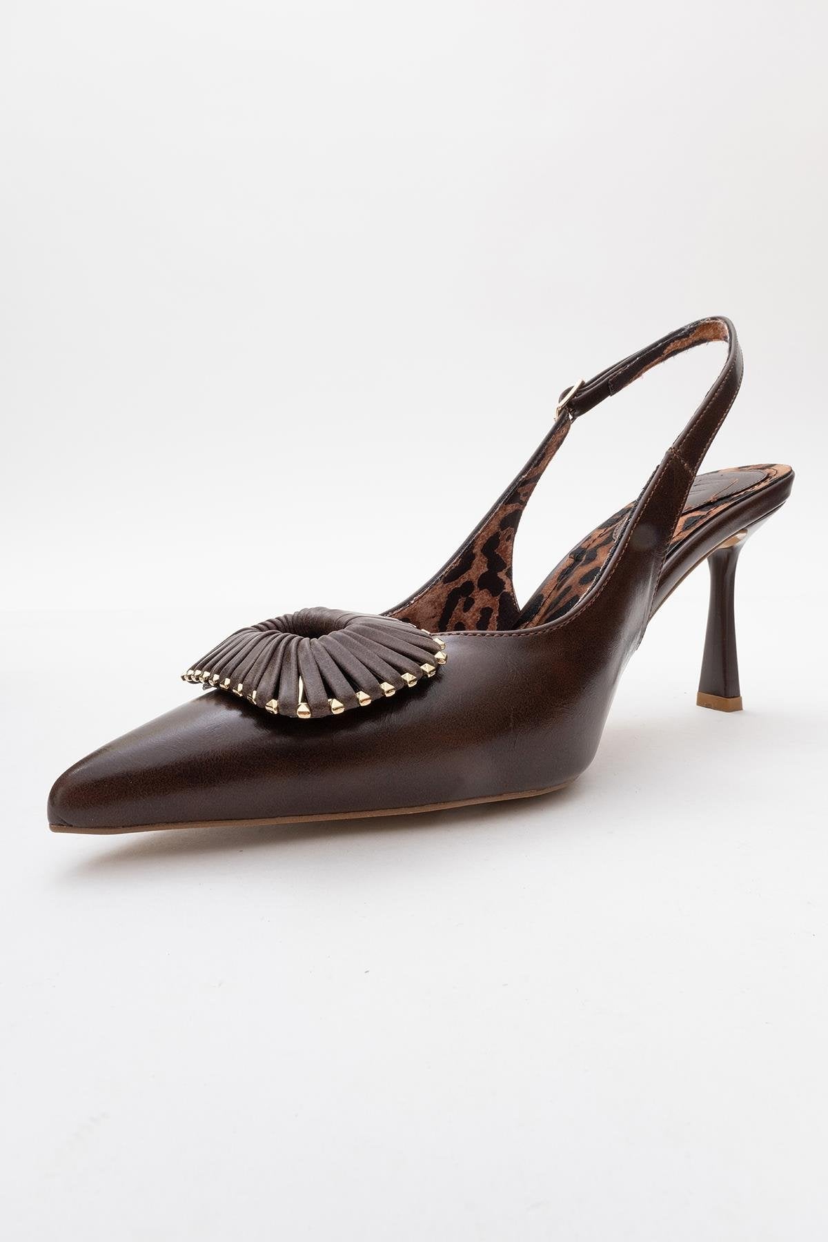Spera - Brown Patterned Buckle Slingback Stiletto – heel view showing leather, SimmiUnique
