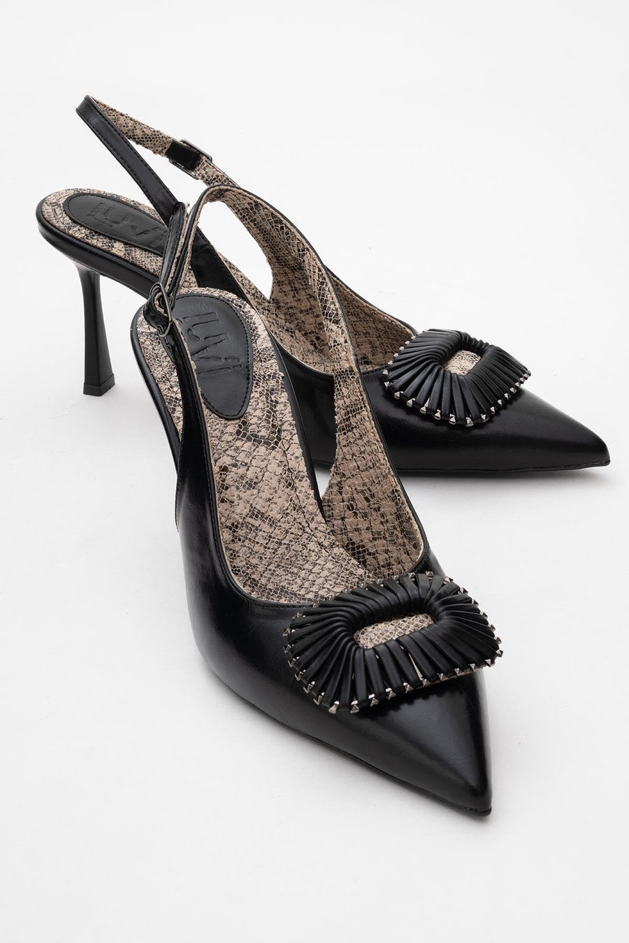 Spera - Black Patterned Buckle Slingback Stiletto