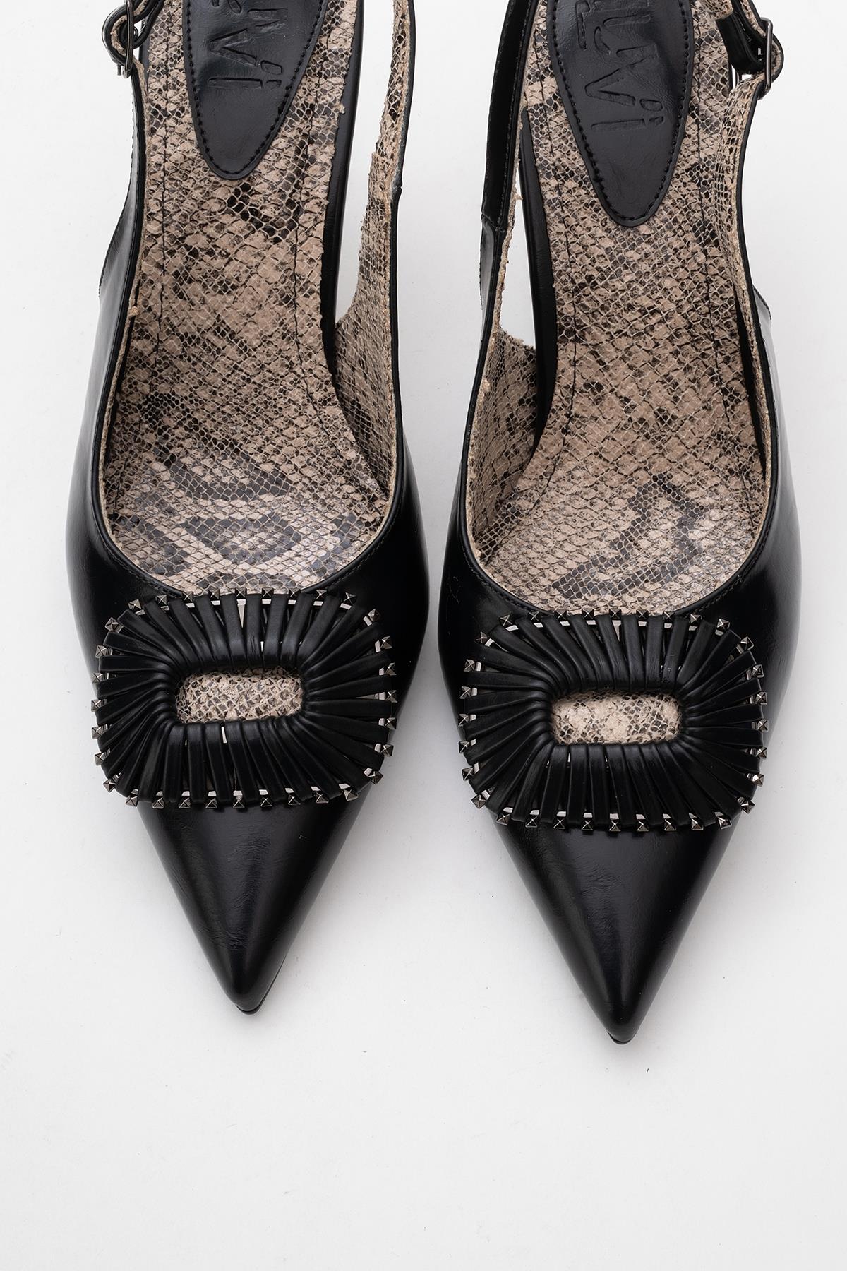 Spera - Black Patterned Buckle Slingback Stiletto – side view showing leather, black, SimmiUnique