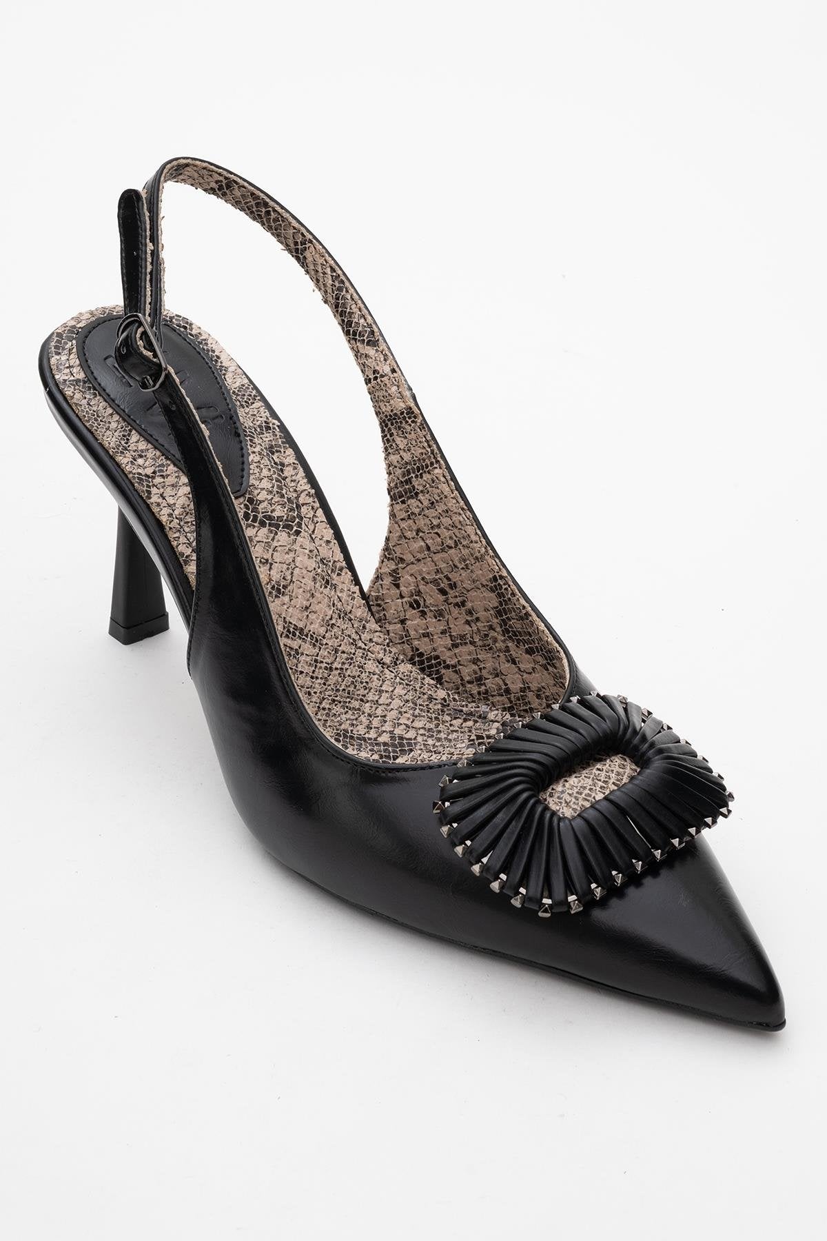Spera - Black Patterned Buckle Slingback Stiletto – detail view showing leather, black, SimmiUnique