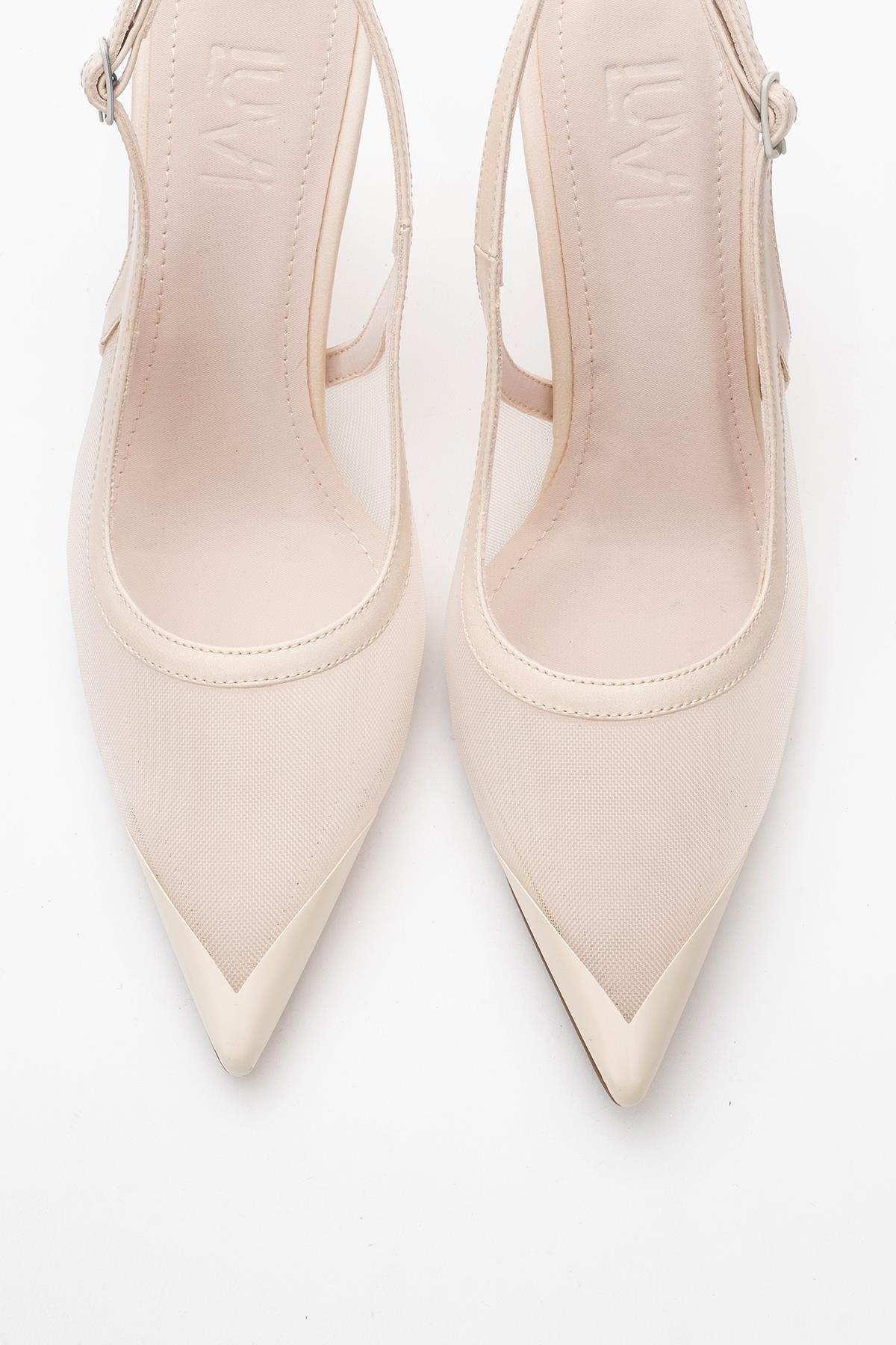 Venas - Beige Mesh High Heel Shoe – side view showing leather, mesh, SimmiUnique