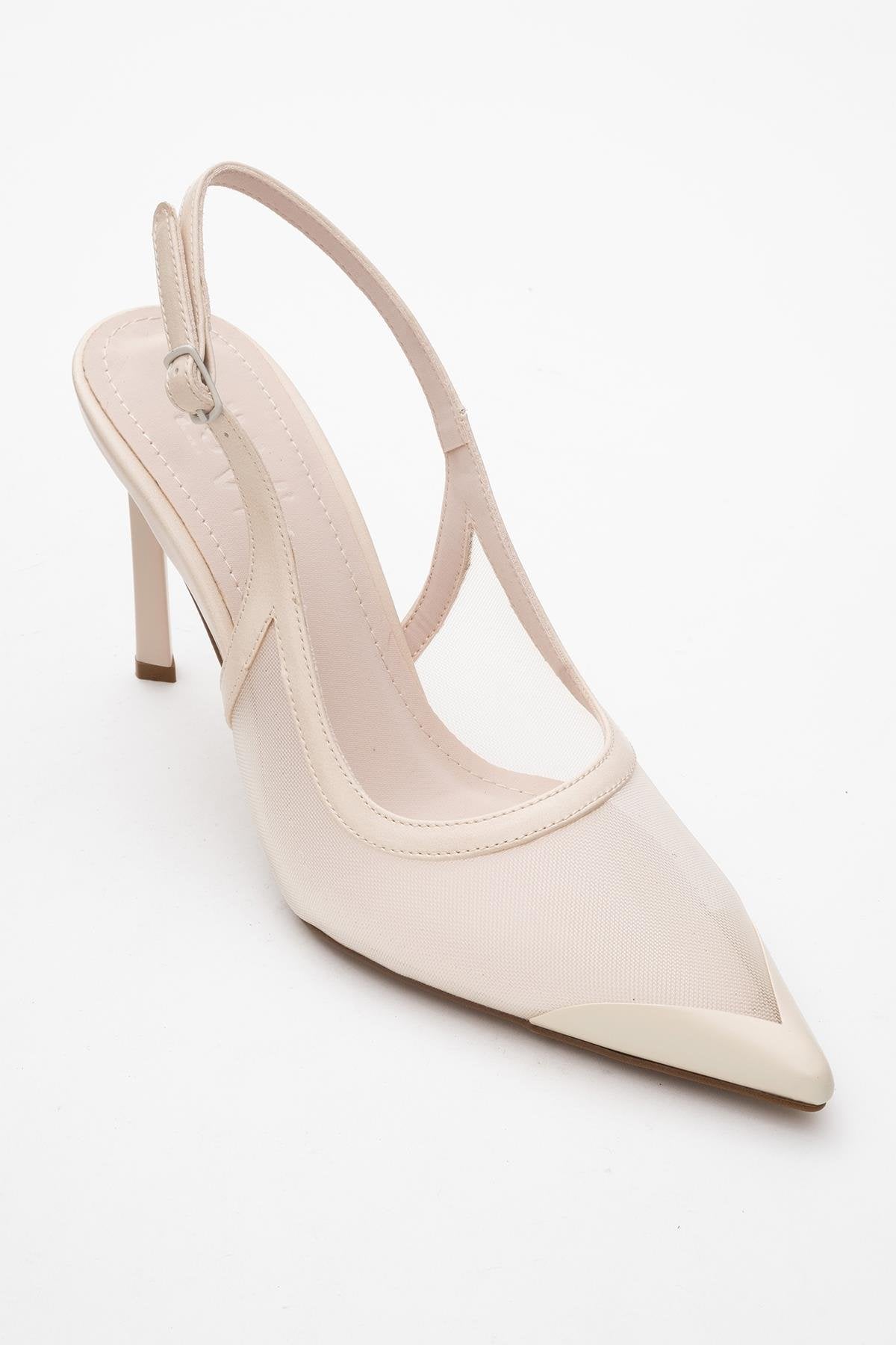 Venas - Beige Mesh High Heel Shoe – detail view showing leather, mesh, SimmiUnique
