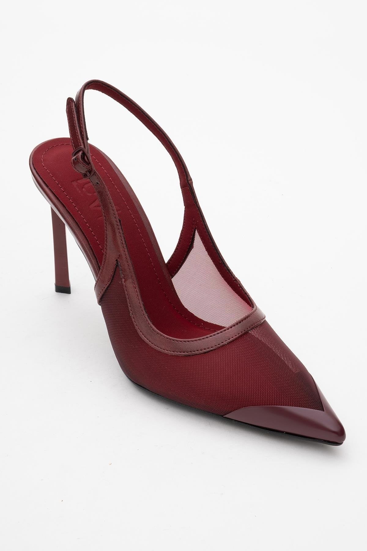 Venas - Burgundy Mesh High Heel Shoe – detail view showing leather, mesh, SimmiUnique