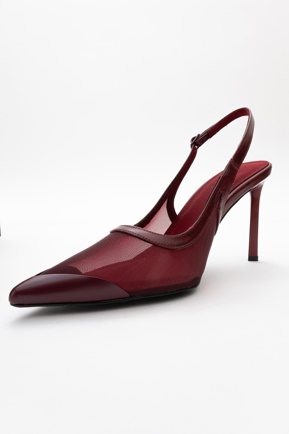 Venas - Burgundy Mesh High Heel Shoe – heel view showing leather, mesh, SimmiUnique
