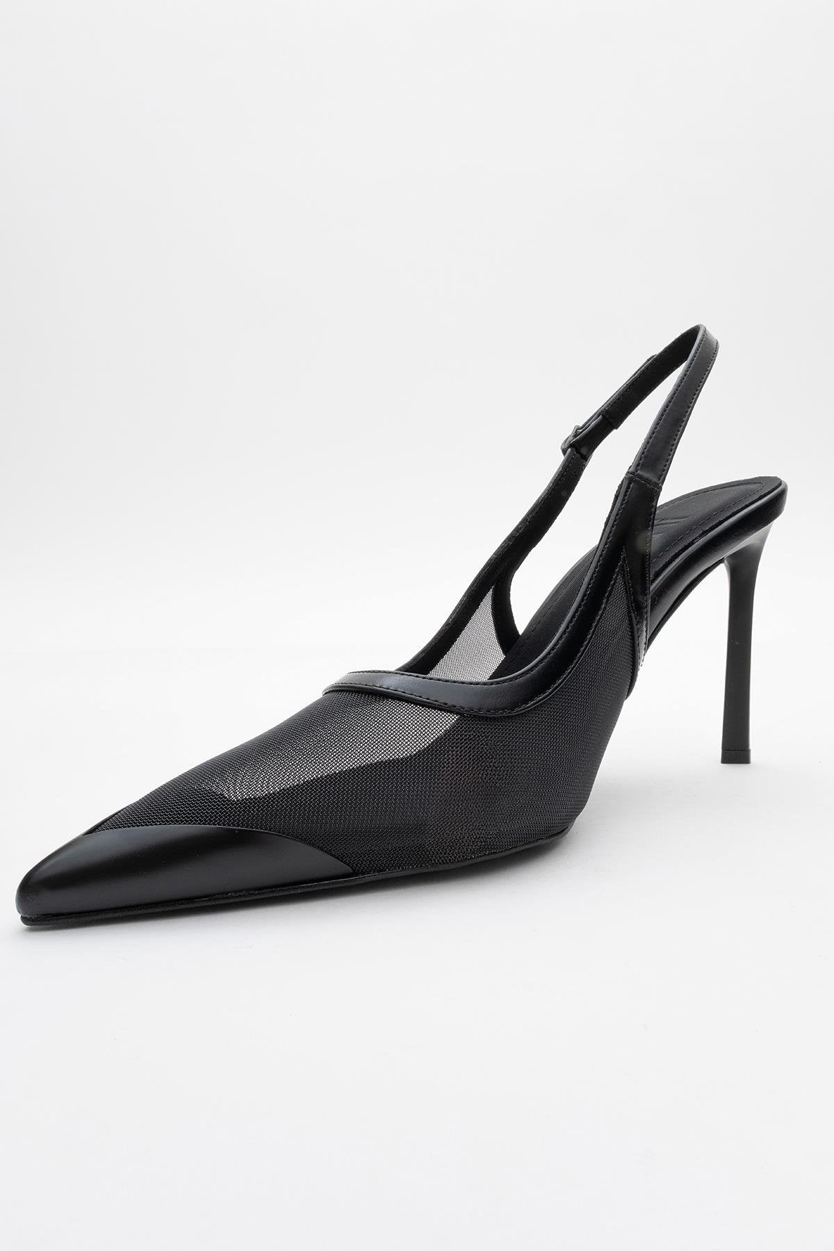 Venas - Black Mesh Slingback Stiletto – heel view showing leather, mesh, black, SimmiUnique