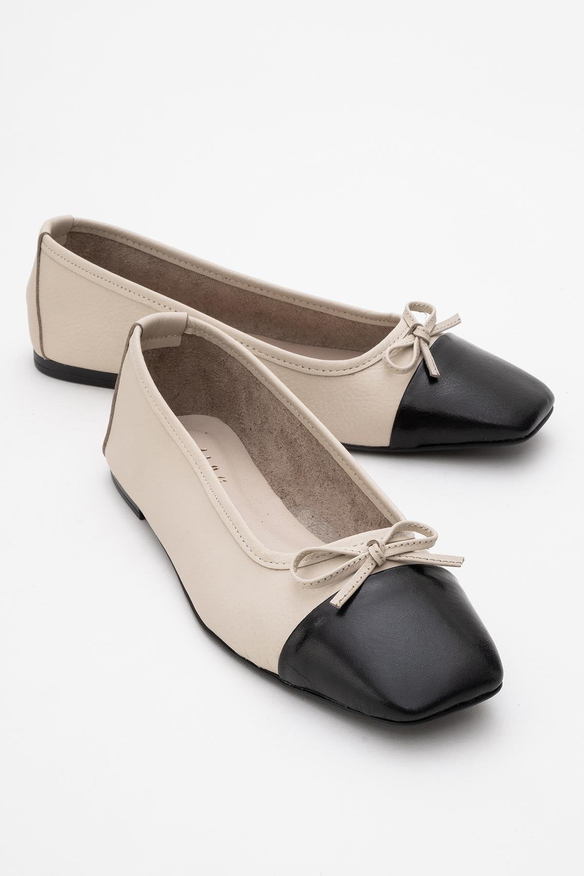 Romy - Off-White-Black Genuine Leather Square Toe Bow Ballet Flat – front three-quarter view showing bow, leather, white…