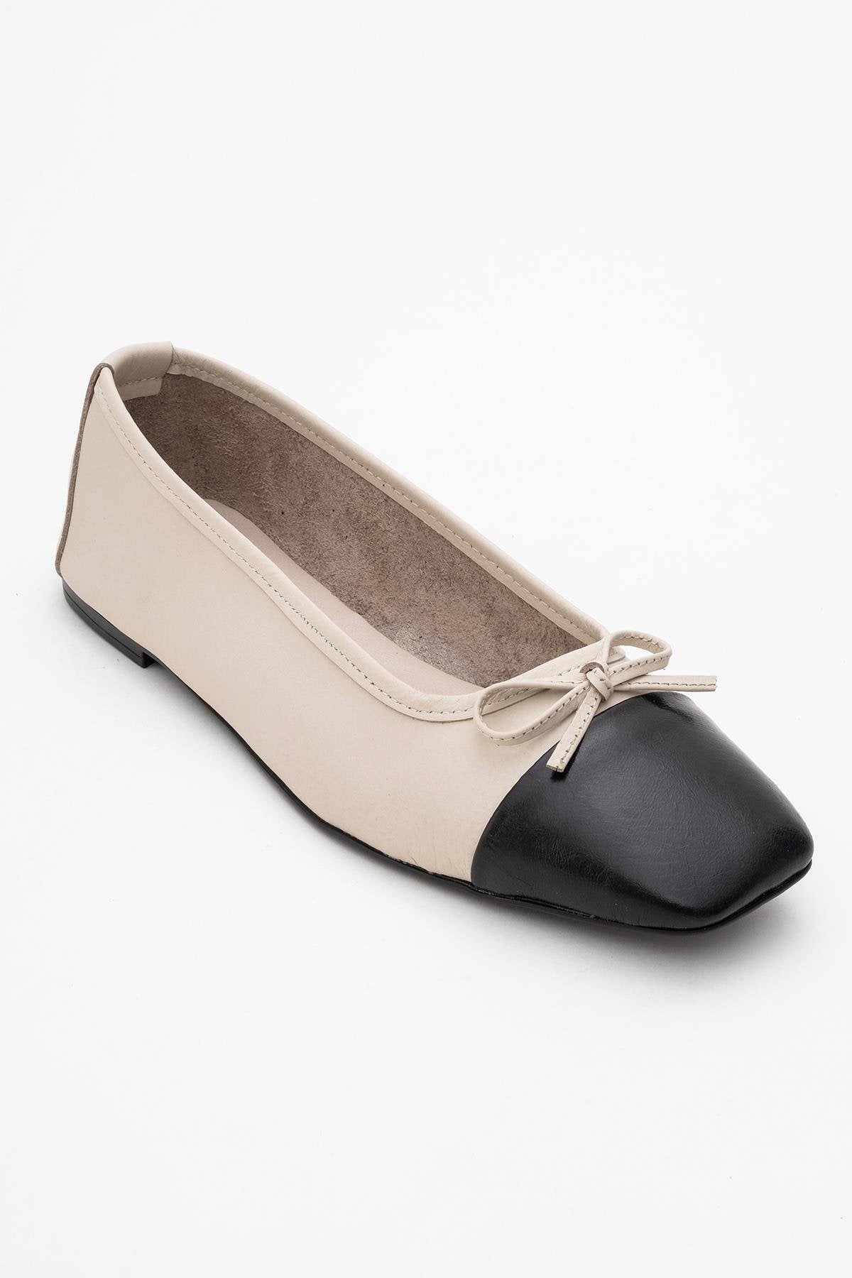 Romy - Off-White-Black Genuine Leather Square Toe Bow Ballet Flat – detail view showing bow, leather, white, SimmiUnique