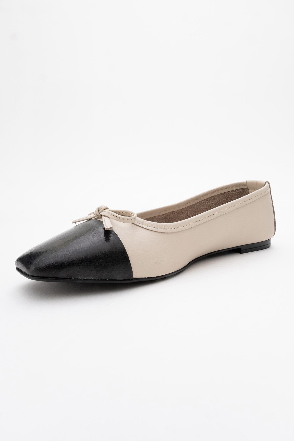 Romy - Off-White-Black Genuine Leather Square Toe Bow Ballet Flat – heel view showing bow, leather, white, SimmiUnique