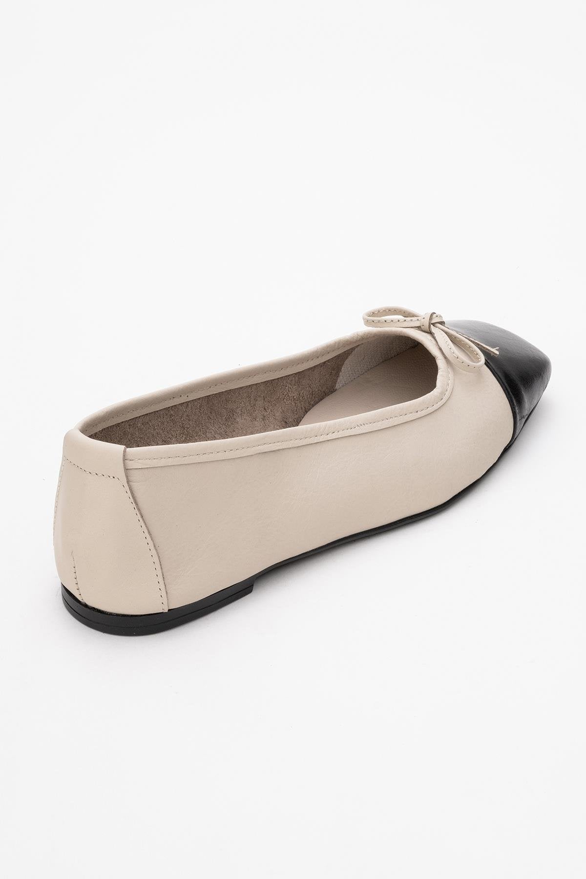 Romy - Off-White-Black Genuine Leather Square Toe Bow Ballet Flat – back view showing bow, leather, white, SimmiUnique