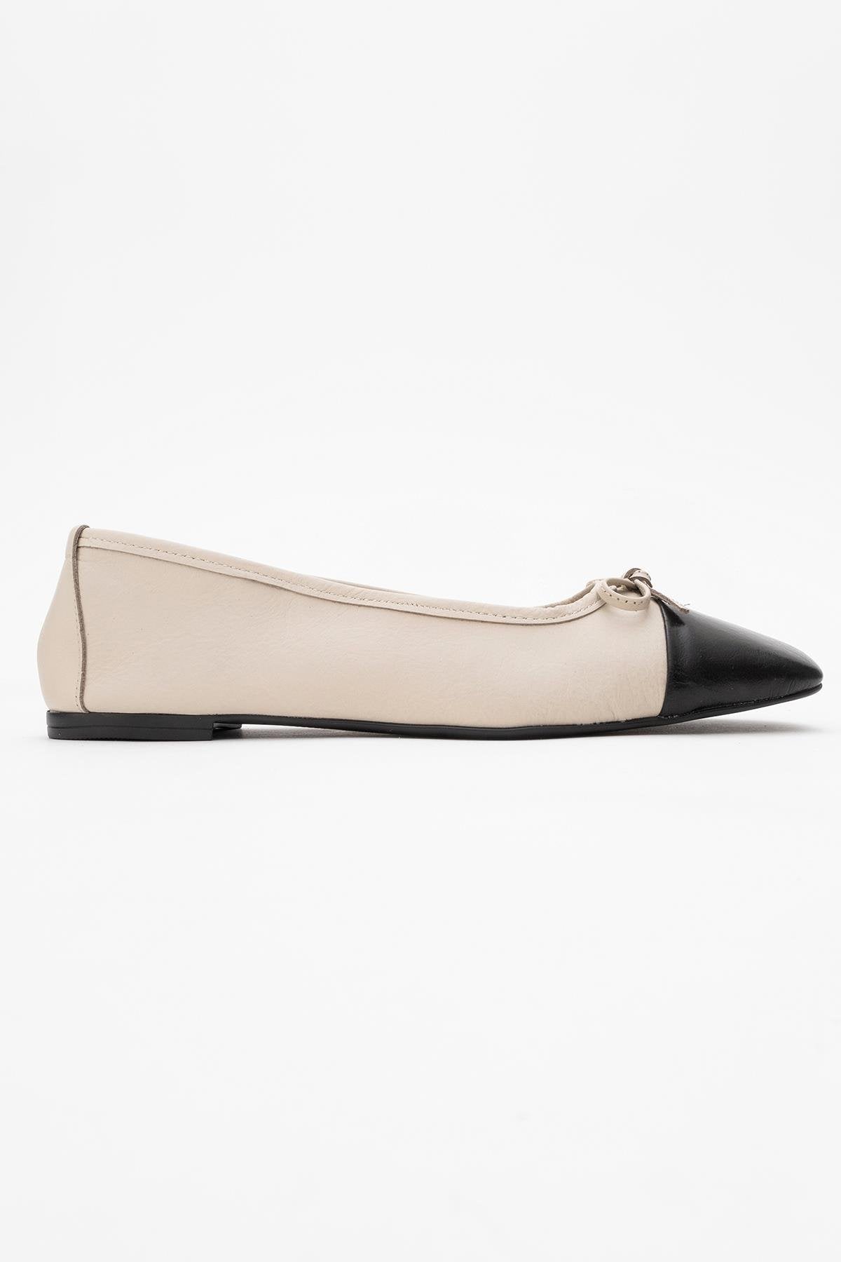 Romy - Off-White-Black Genuine Leather Square Toe Bow Ballet Flat – top view showing bow, leather, white, SimmiUnique