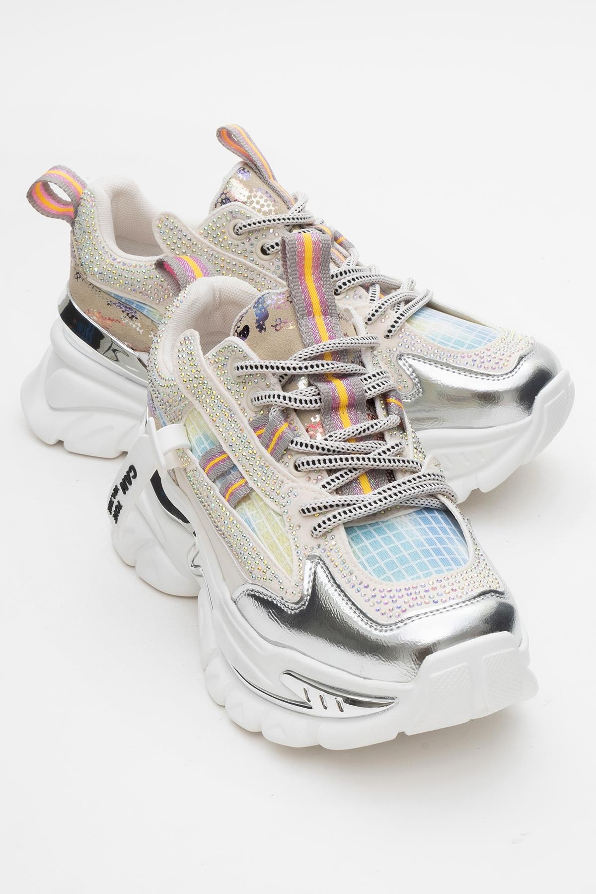 Noi - White/Silver Embellished Sneaker – front three-quarter view showing leather, white, silver, SimmiUnique