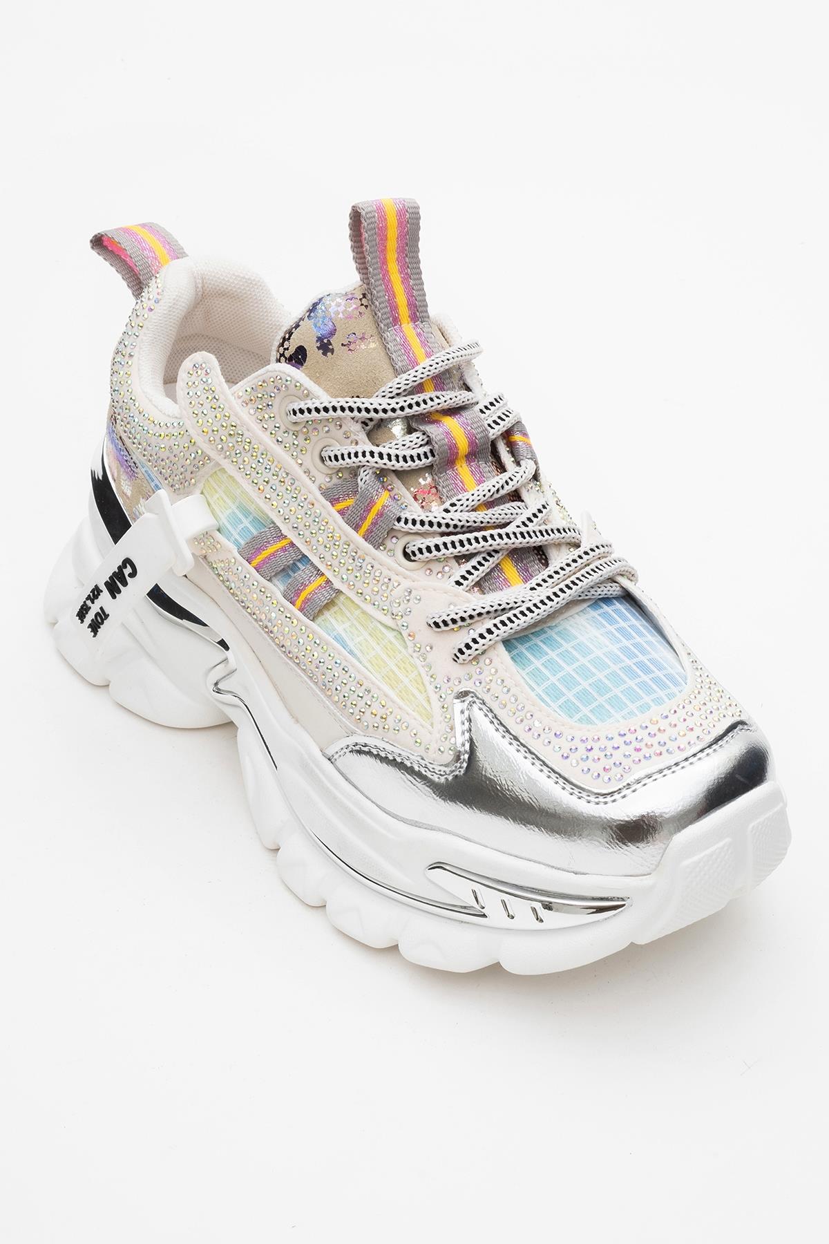 Noi - White/Silver Embellished Sneaker – detail view showing leather, white, silver, SimmiUnique