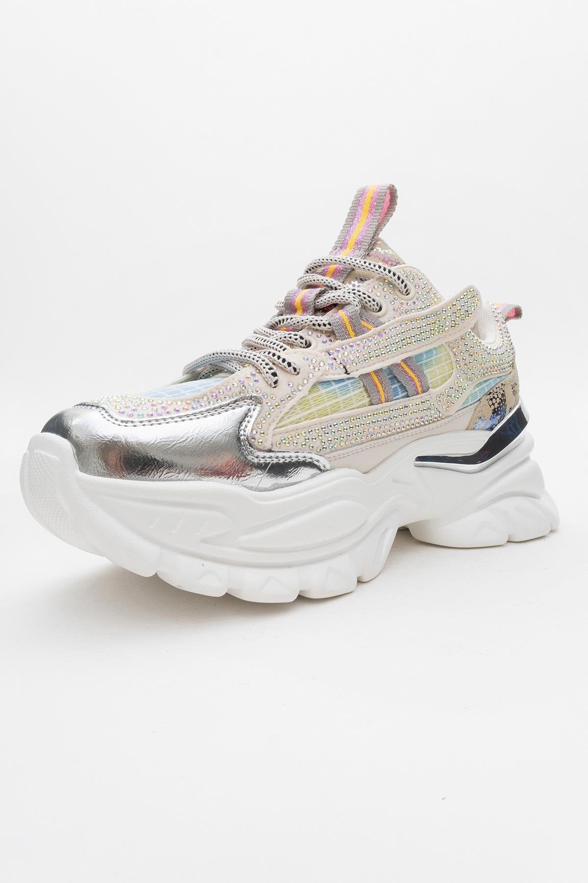Noi - White/Silver Embellished Sneaker – heel view showing leather, white, silver, SimmiUnique