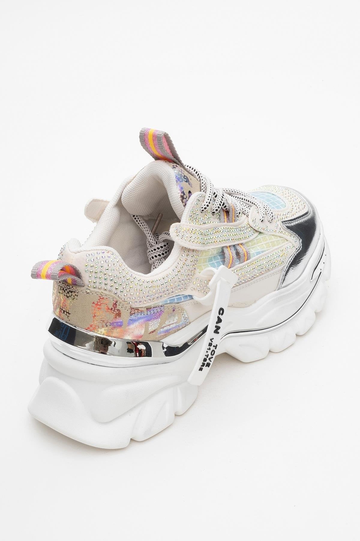Noi - White/Silver Embellished Sneaker – back view showing leather, white, silver, SimmiUnique
