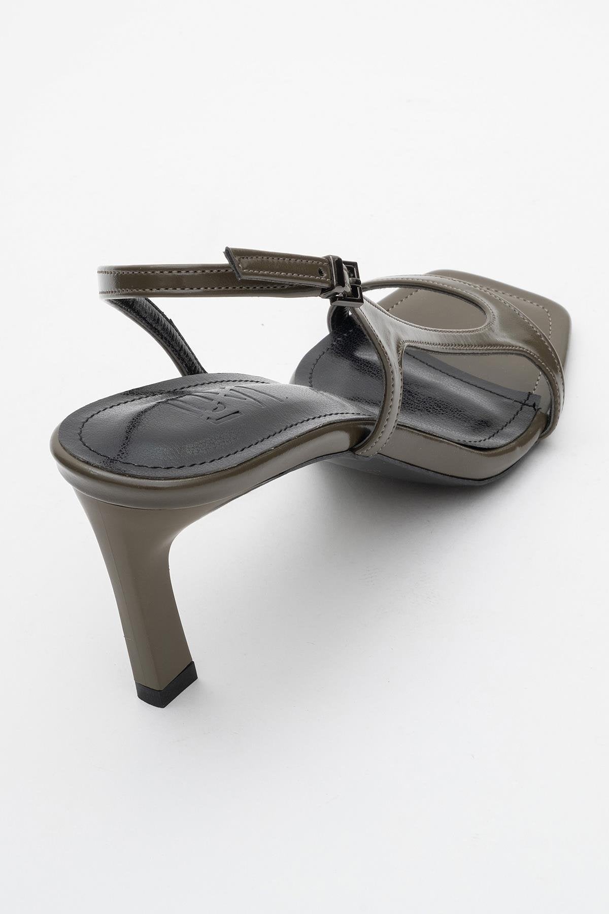 Melby - Khaki Heeled Shoe – back view showing leather, SimmiUnique