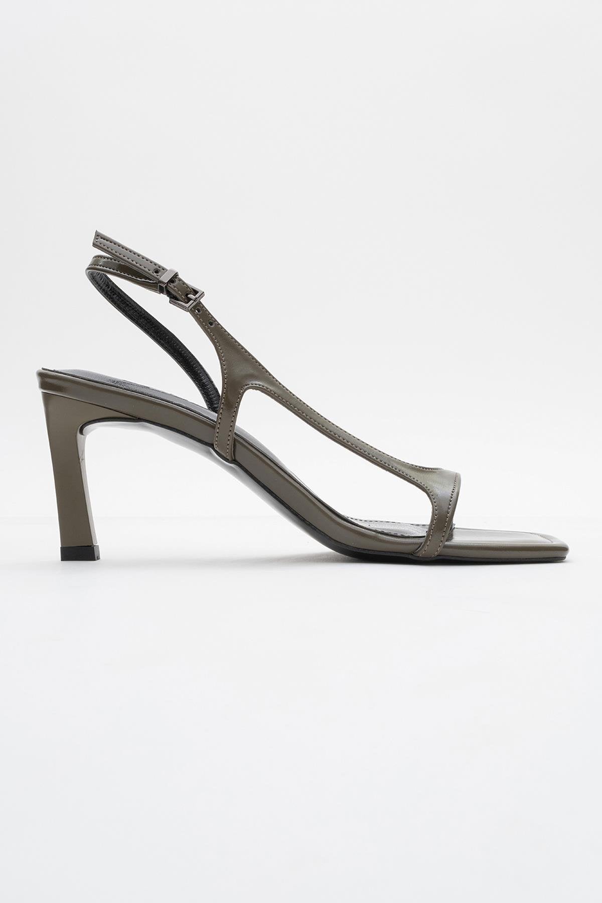 Melby - Khaki Heeled Shoe – top view showing leather, SimmiUnique