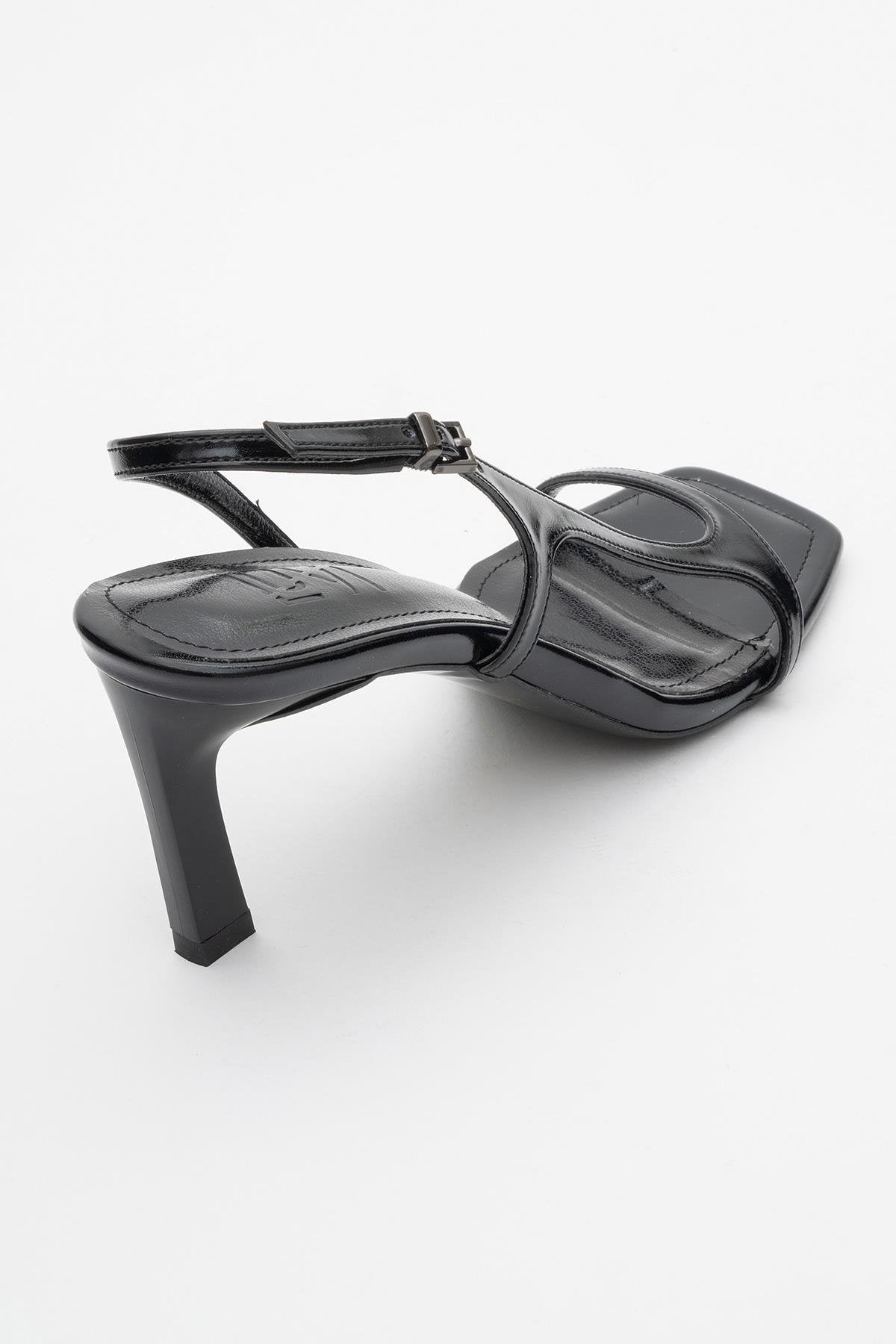 Melby - Black Heeled Shoe – heel view showing leather, black, SimmiUnique