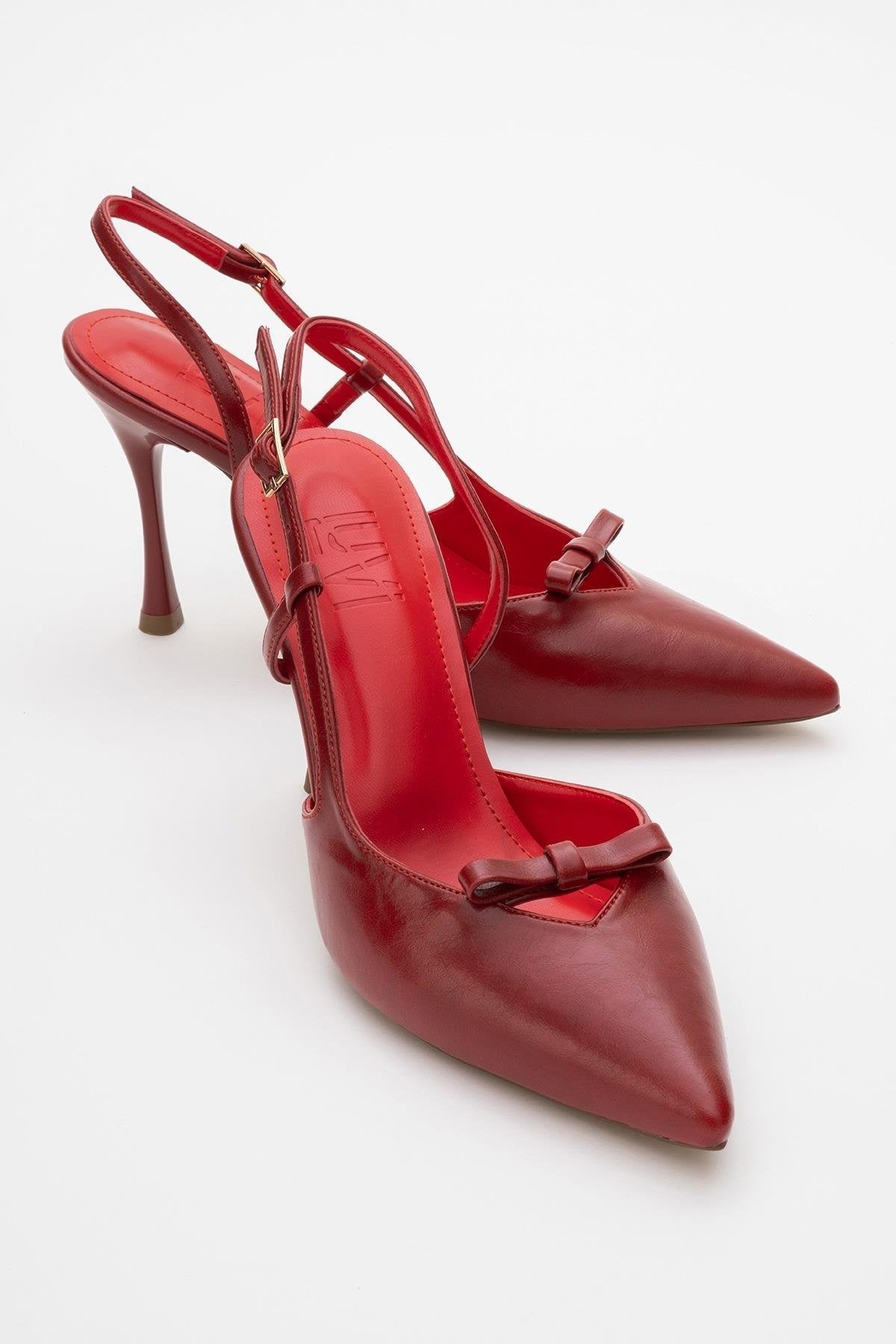 Apel - Red High Heel Shoe – front three-quarter view showing bow, leather, red, SimmiUnique
